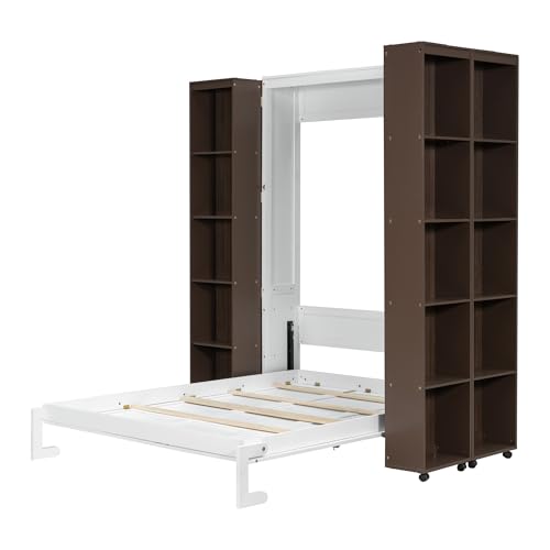 KLMM Wooden Murphy Bed Wall Bed with 2 Wardrobe and Storage Shelf,Foldable Platform Bedframe for Guest-Room Bedroom Study Office Use (White#E, Full)