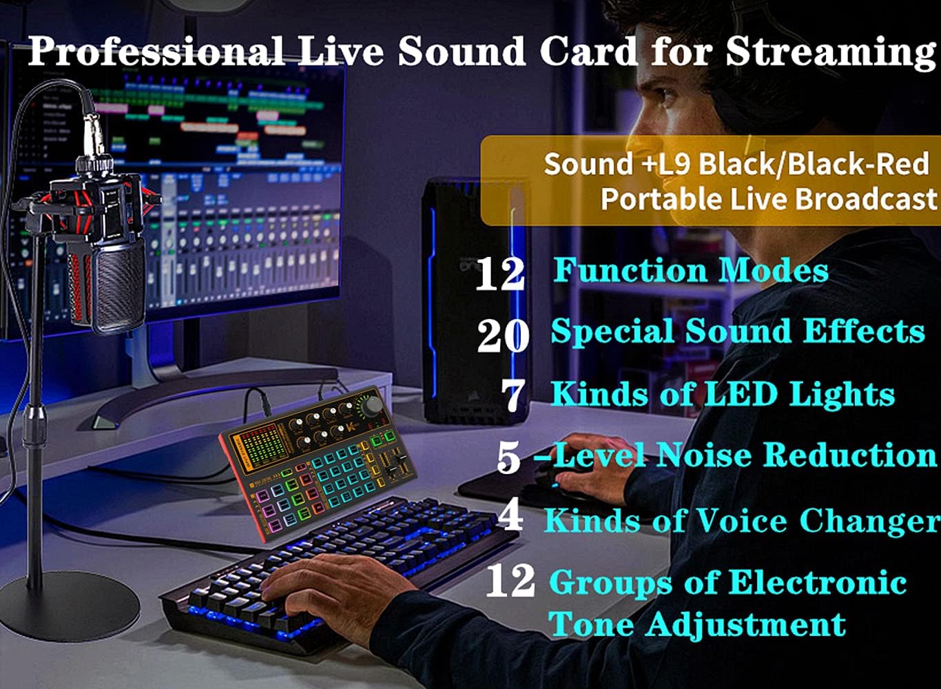 Professional Audio Mixer, K300 Live Sound Card and Audio Interface Sound Board with Multiple DJ Mixer Effects,Voice Changer and LED Light, Prefect for Streaming/Podcasting/Gaming/Recording/YouTube/PC Pack of 2