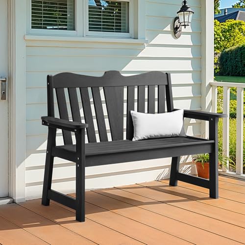 Outdoor Bench, 2-Person Weatherproof Garden Bench with Wide Armrests and Backrest, All-Weather Patio Bench Will not Rot and Fade for Garden, Porch, Backyard and Park, Easy Installation, Black