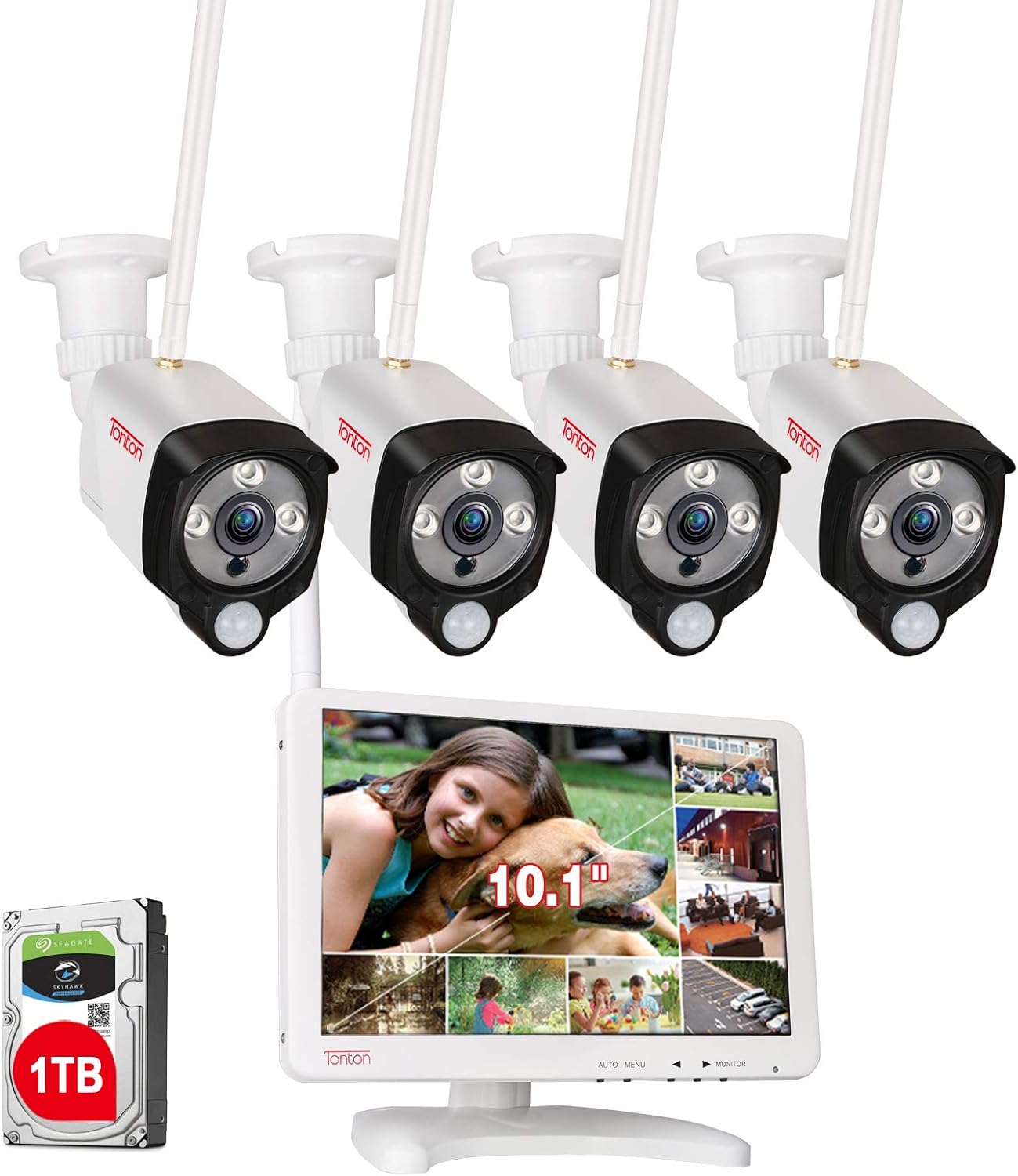 [2K&2 Way Audio&Thermal Detection] Tonton Wireless All-in-One Ultra HD Security Camera System with 16 Inch Monitor, 8CH NVR with 1TB HDD,4PCS 3MP Outdoor Bullet IP Cameras,Plug and Play