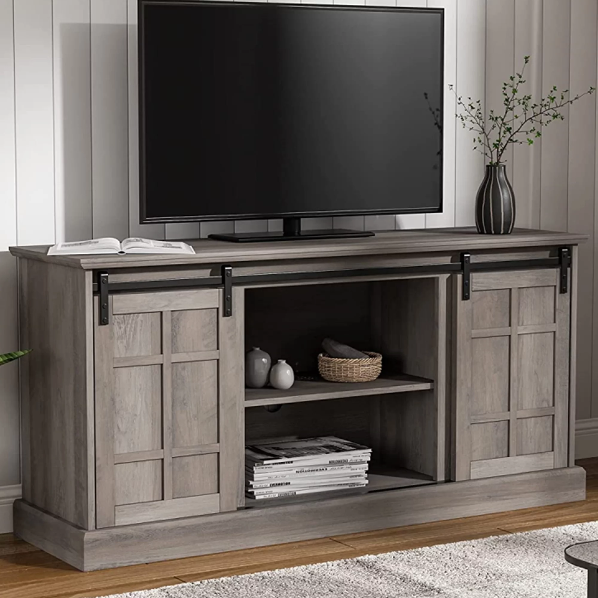 Farmhouse TV Stand, Entertainment Center for 65 inch TV, 58" TV Stand with Sliding Barn Door, Stylish Coastal TV Console and Raised Panel Molding, Wash Gray