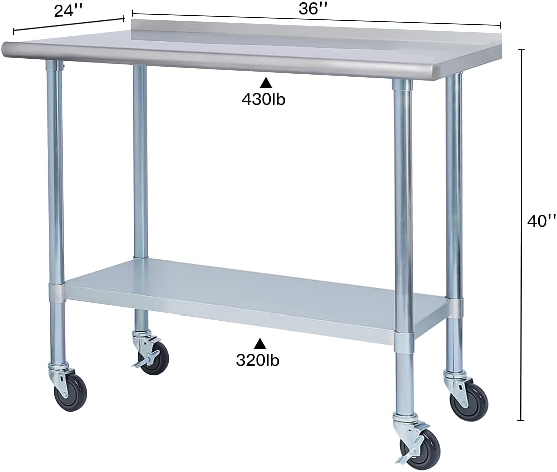 EASE-WAY Stainless Steel Metal Table NSF for Commercial Kitchen Prep & Work, 24 x 60 Inches Worktable with Backsplash, Adjustable Shelf and Caster Wheel, for Industrial Restaurant, Home and Garage