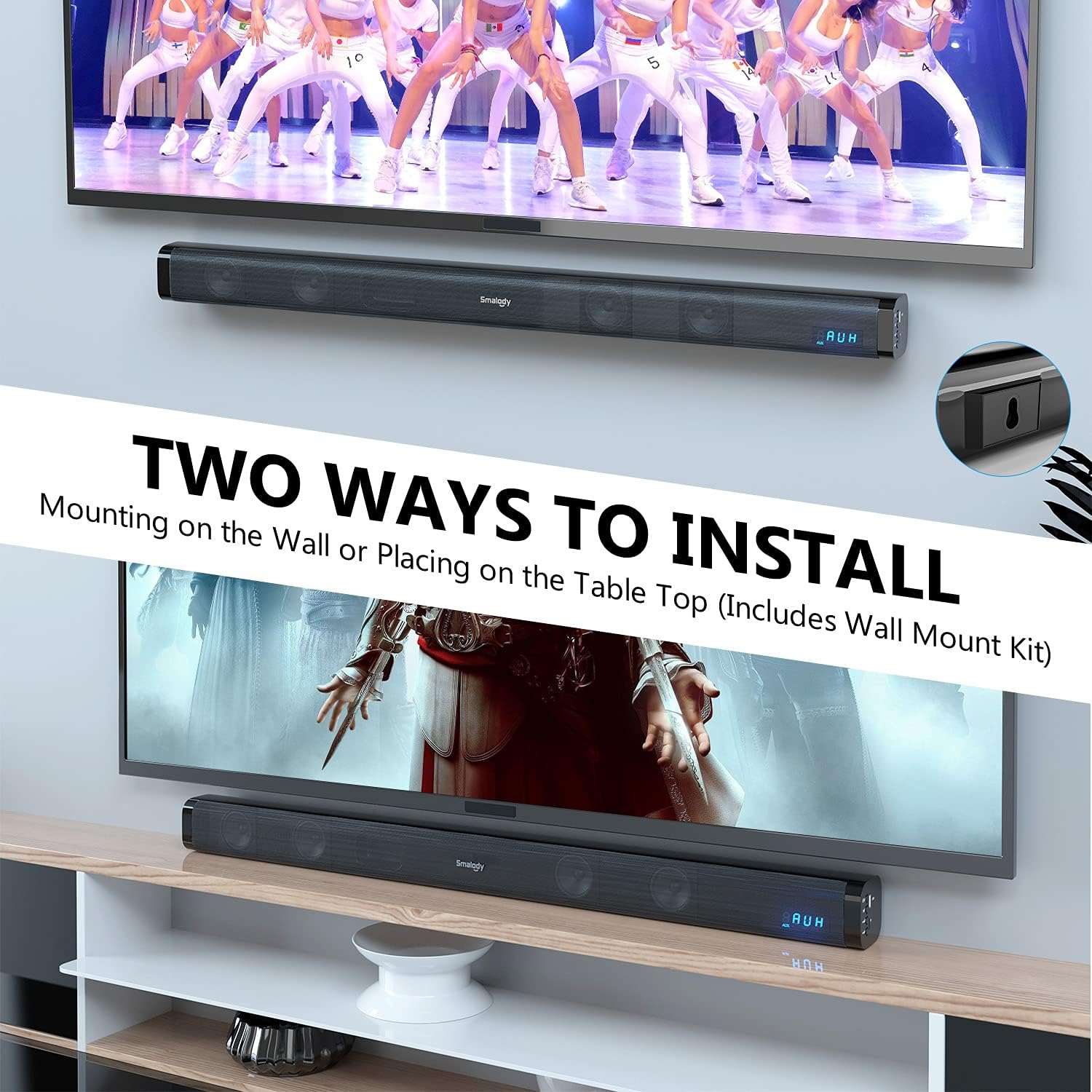 Smalody Soundbar, 31 Inch Sound Bar for TV with LED Display, Home Theater System - Connects to Bluetooth, Optical, Coaxial, AUX Input, Connection
