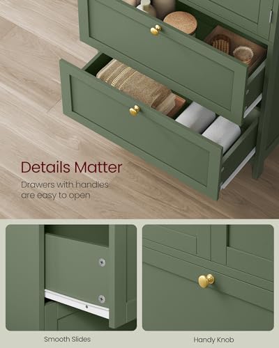 VASAGLE Bathroom Floor Storage Cabinet, Bathroom Storage Unit, Freestanding Cabinet with 4 Doors, Adjustable Shelves, 11.8 x 23.6 x 43.3 Inches, Forest Green UBBC552C01