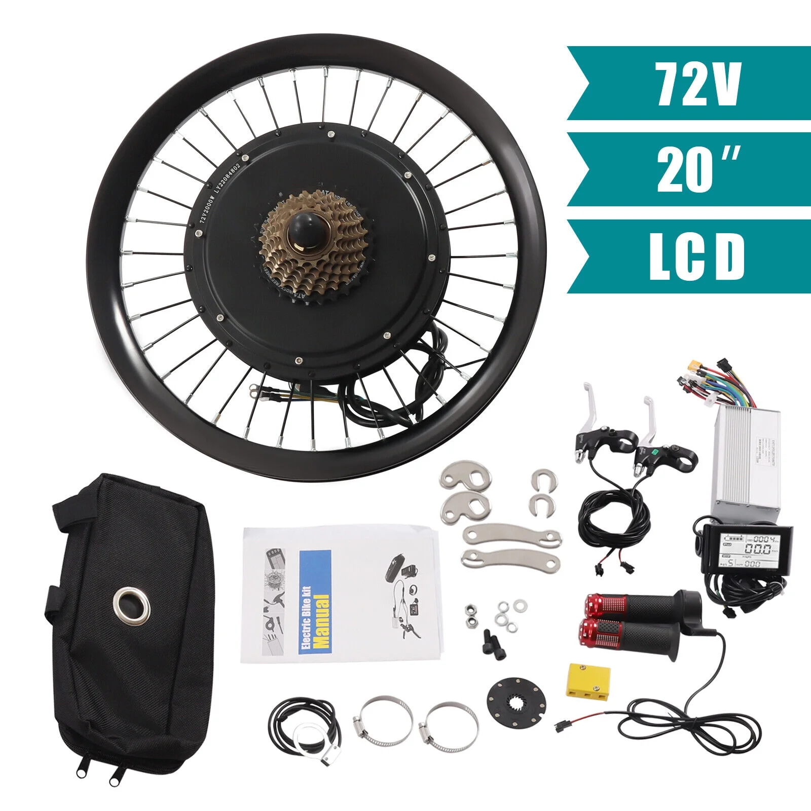 60N.M 20'' Rear Wheel Electric Bicycle Conversion Kit E Bike Motor LCD 72V 2000W fits 20-inch Bikes 560rpm