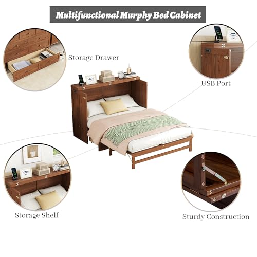 Queen Murphy Bed Cabinet, Murphy Bed Queen with Storage Drawer & Charging Station, USB Port, Solid Pine Wall Beds for Home Office, Studio or Guest Room, White