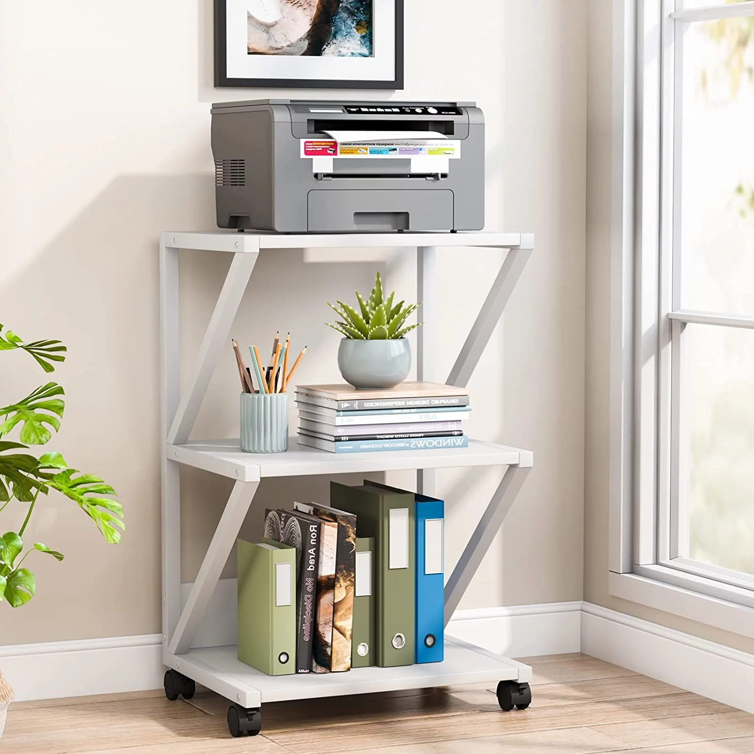 Printer Stand, 3-Tier Rolling Printer Cart Under Desk Storage, Industrial Machine Cart Storage Shelf on Wheels for Home Office - Curated Treasures Market