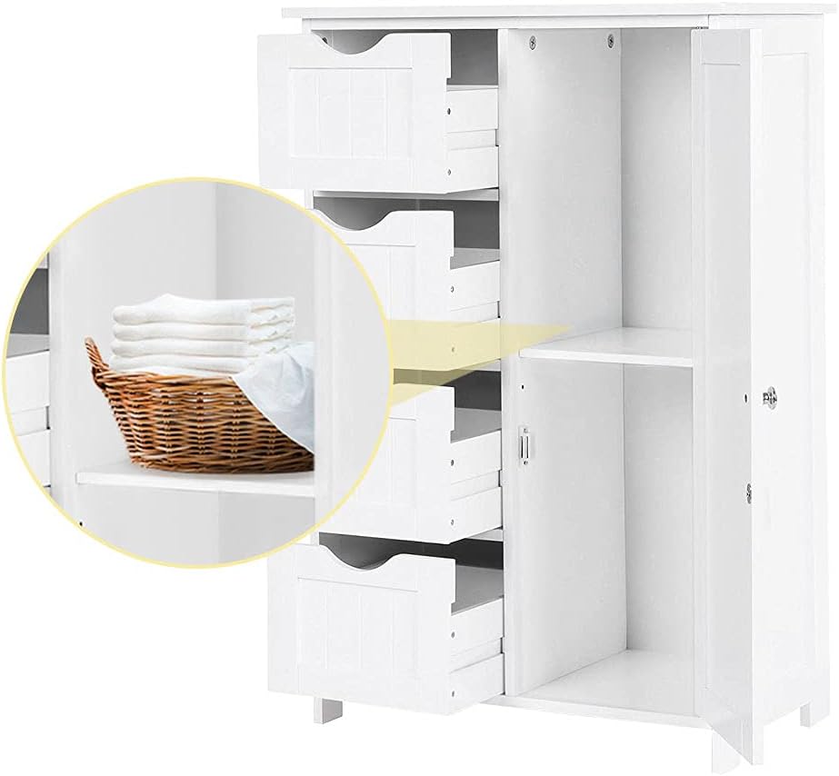 BINLINGO Floor Storage Cabinet, Wooden Bathroom Cabinet with 1 Door & 4 Drawer, Free Standing Entryway Cupboard Cabinet, White