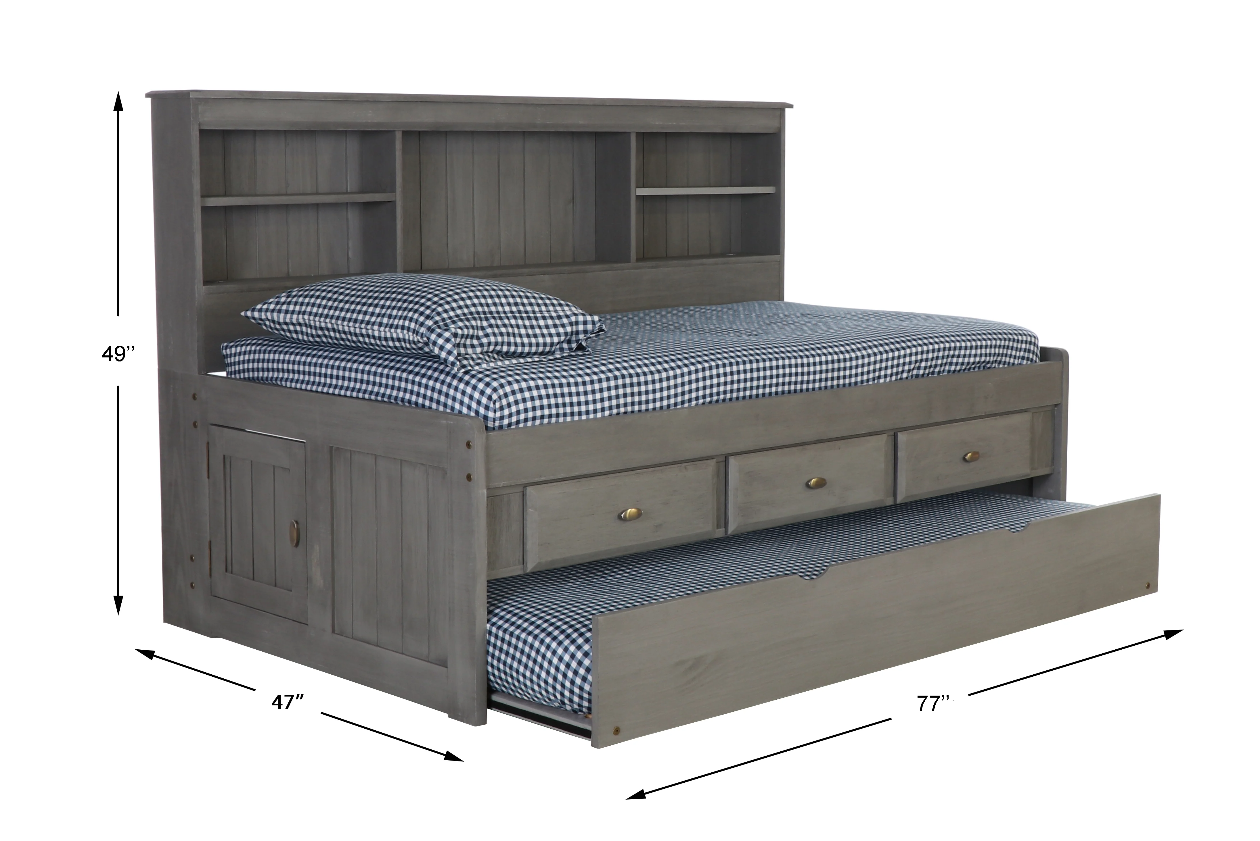 Discovery World Furniture - Twin Size Bed Frame with Headboard Bookcase Captain Day Bed with 3 Drawers & Twin Trundle, Twin Size Bed with Storage & Trundle, Charcoal