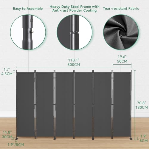 Helios&Hestia 8-Panel 6 ft Tall Indoor Folding Room Divider, Portable Privacy Screen, Freestanding Partition Separator, Temporary Wall Separation for Bedroom, Office, 160" W X 71" H, Dark Grey