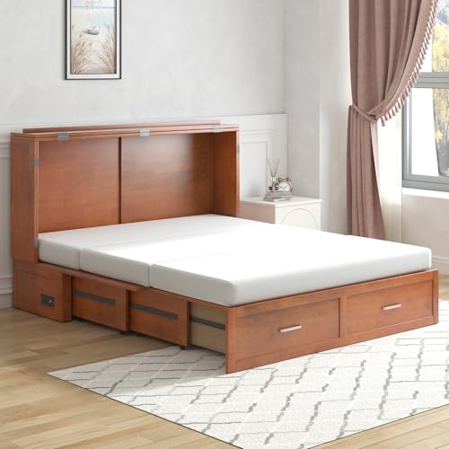 PUREMIND Queen Murphy Bed Cabinet with 2 Storage Drawers, Hideaway Murphy Chest Bed with Mattress, Cabinet Beds Wallbed with USB Charging Station for Bedroom, Guest Room