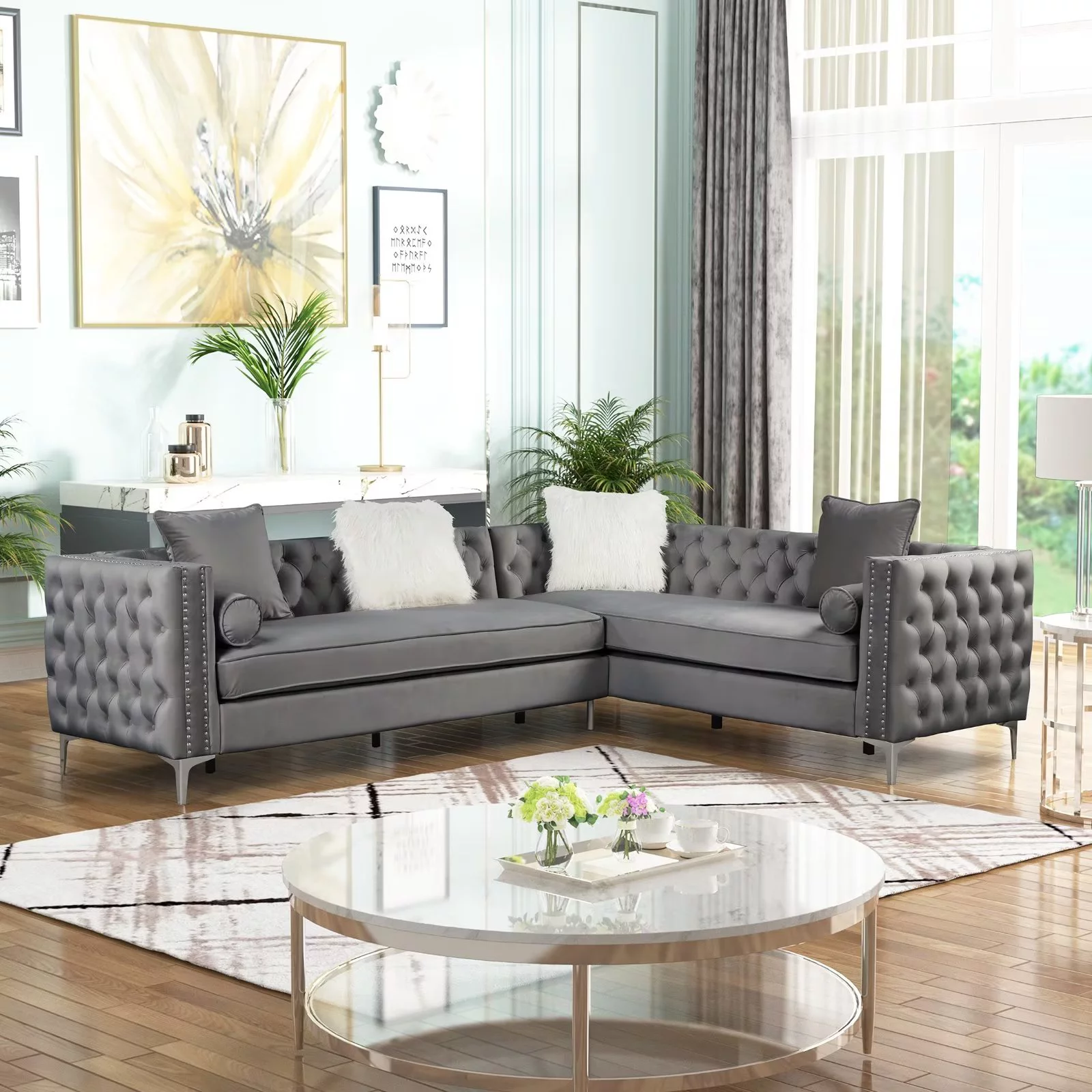 Morden Fort L-Shape Sectional Sofa for Living Room Velvet Corner Couch Sleeper with Pillows Gray