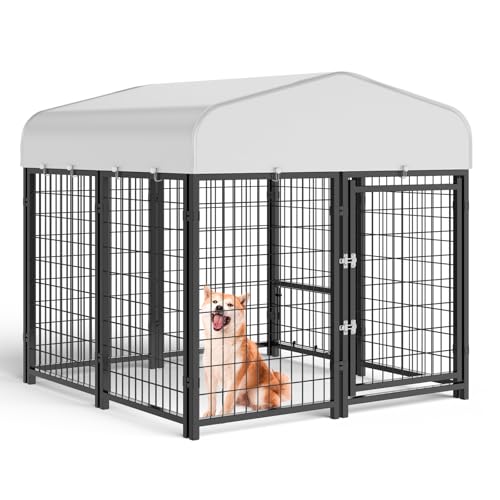 SINO LUBAN Outdoor Dog Kennel Outside Run with Doggy Door, Swivel Feeder&Roof - 8x4x6 Large Dog Kennels Pens Outside for Large Dogs Breed-Heavy Duty Cage Enclosure Yard (Can Connect to Your Dog House)