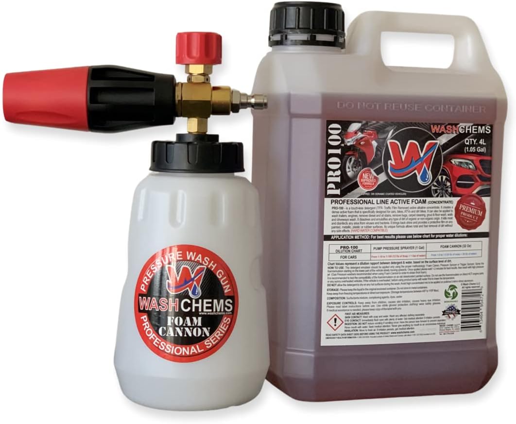 Wash Chems PRO-100 Touchless Car Wash Detergent Soap with Foam Cannon Combo (1 Gallon, 128 oz.) No Brushing - Heavy-Duty Commercial Grade Professional Auto Cleaner (Biodegradable) Great for Trucks & Tractors