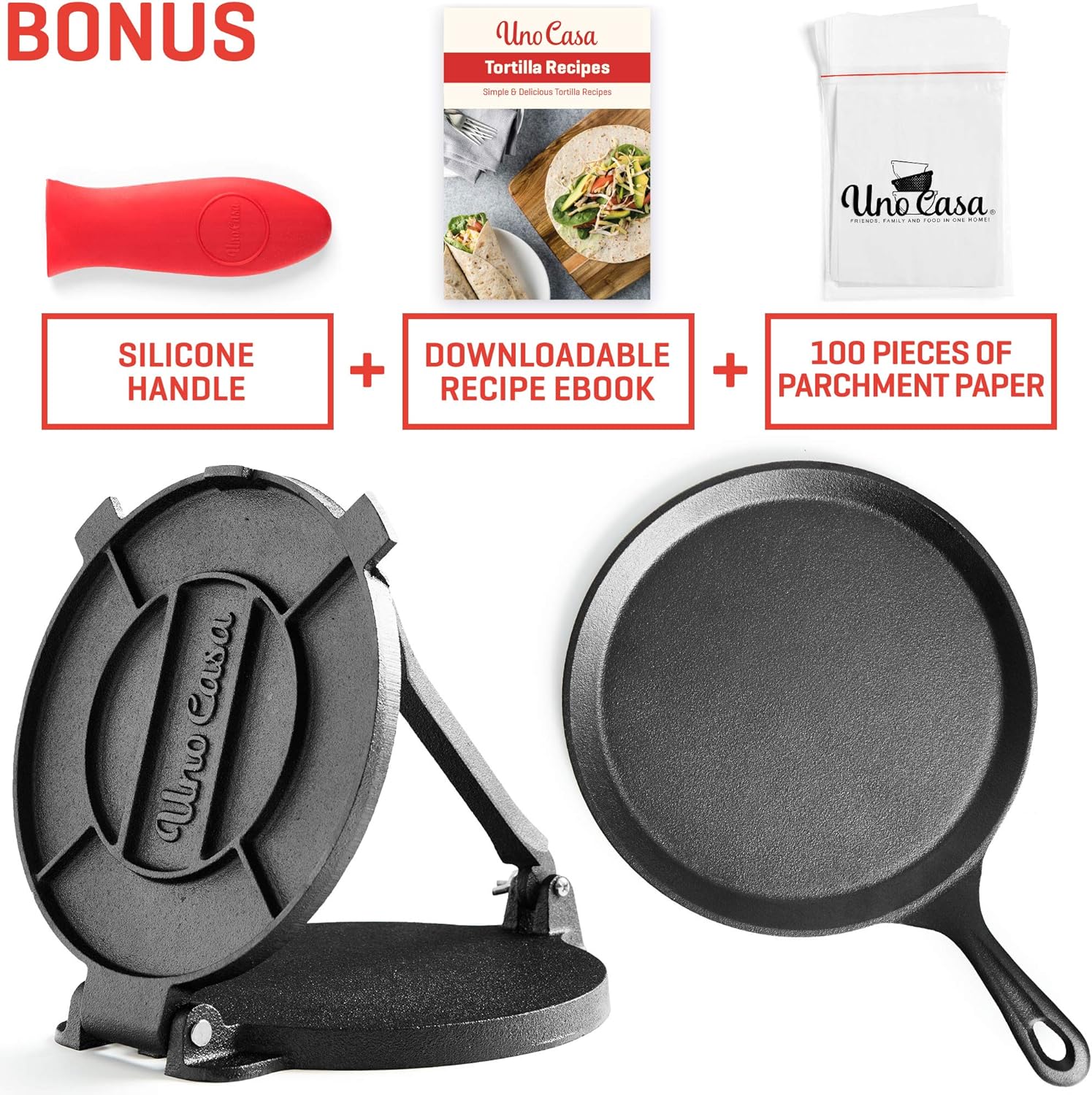 Uno Casa Cast Iron Tortilla Press 8 Inch with Cast Iron Comal Pan - Bundle of Tortilla Pan for Roti, Tawa, Dosa and Pre-Seasoned Tortilla Press Pataconera
