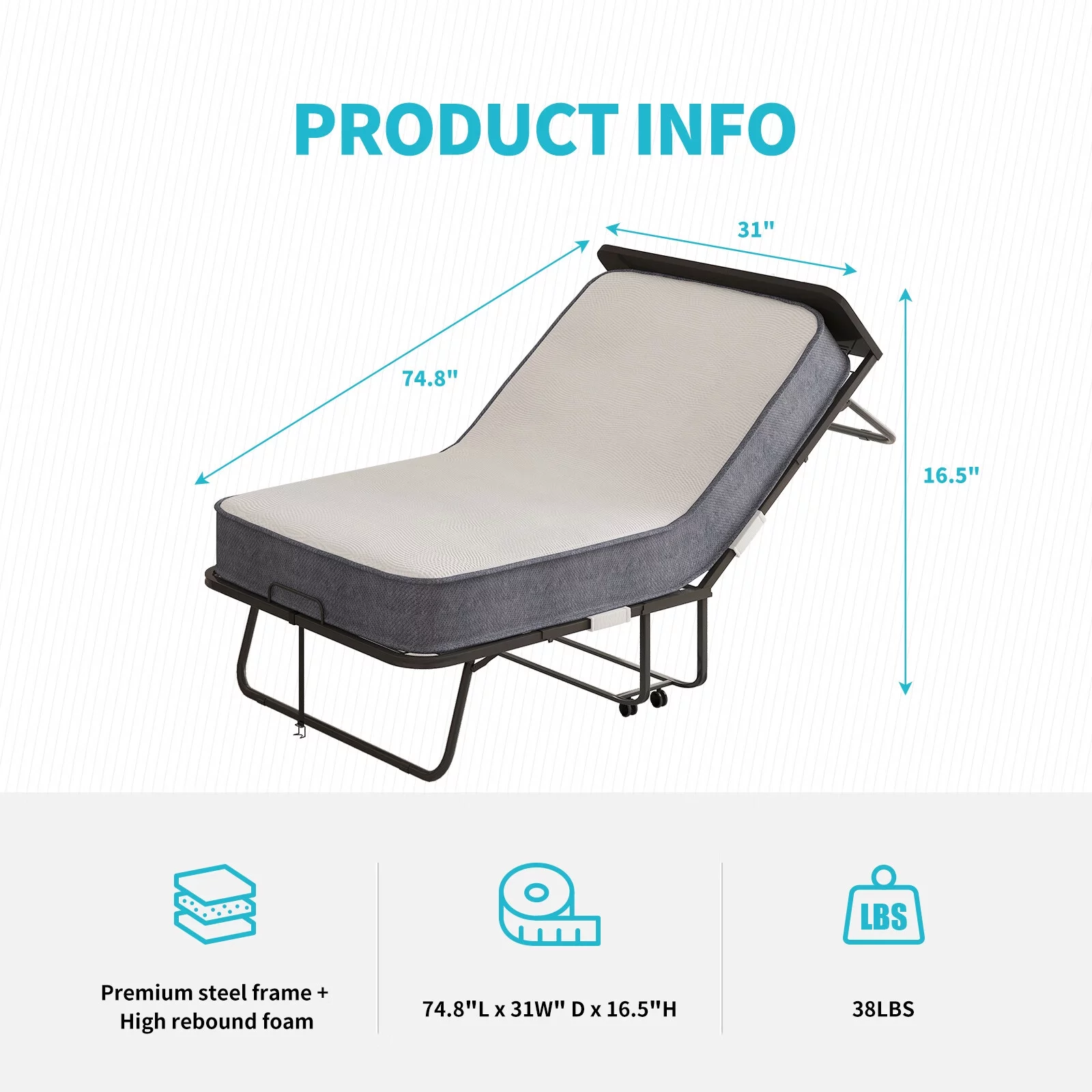 CECER Folding Bed 5" Mattress & Headboard, 75"×31" Twin Size Rollaway Foldable Bed with Memory Foam Mattress, Metal Guest Bed Dust Cover Included