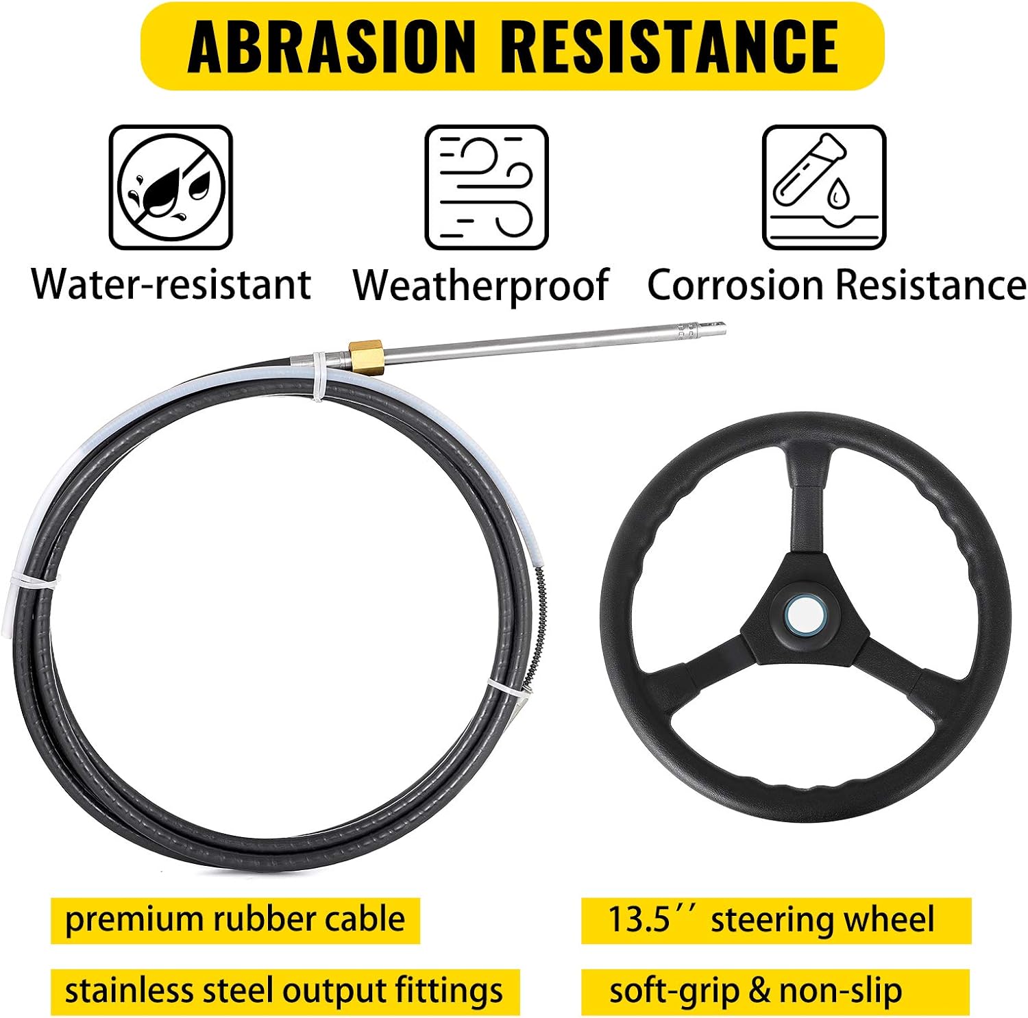 Bestauto Boat Steering Cable 12' Outboard Steering Cable 12 Feet Mechanical Rotary Steering Kit with 13 Inch Wheel for Boat Steering System
