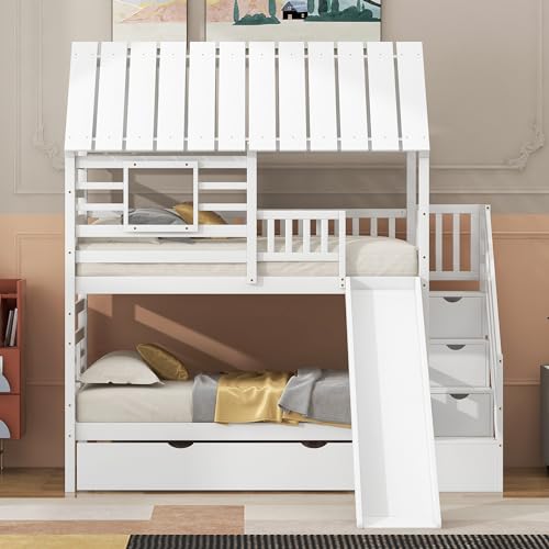 MERITLINE House Bunk Beds Twin Over Twin with Slide, Twin Bunk Bed with Storage Stairs and Trundle, Wood Kids Bunk Bed with Roof and Window Design for Girls, Boys,White
