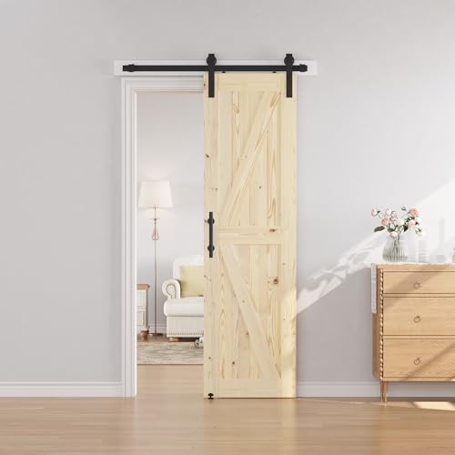 SMARTSTANDARD 36in x 84in Sliding Barn Door with 6.6ft Barn Door Hardware Kit Included, Unfinished Solid Spruce Wood Door, Assembly Required, DIY, Stainable, Natural