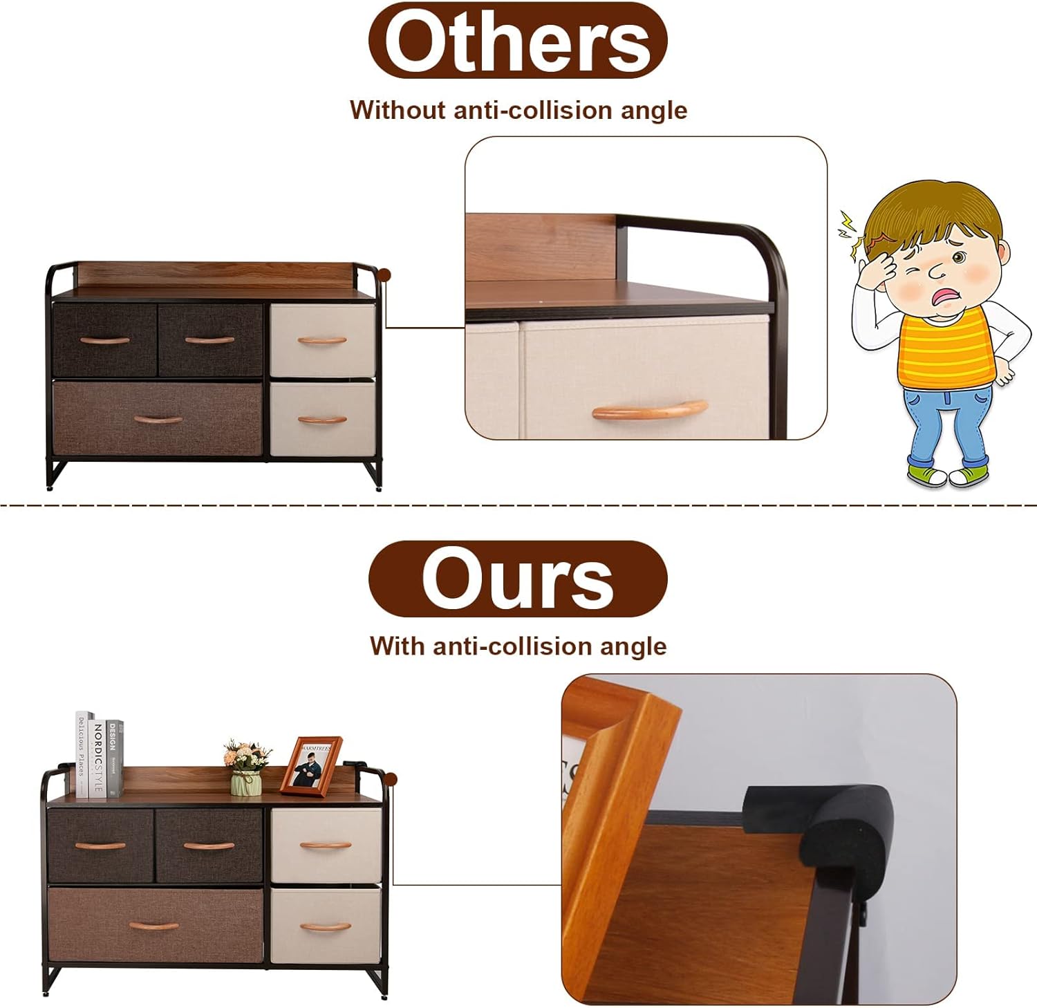 CONNOO Large Storage Dresser Unit, Wide Standing Fabric Dresser Room Organizer Cabinet for Bedroom, Hallway, Entryway, Closet, Nursery, 5 Removable Drawers Storage Tower, Wooden Top & Easy Pull Handle