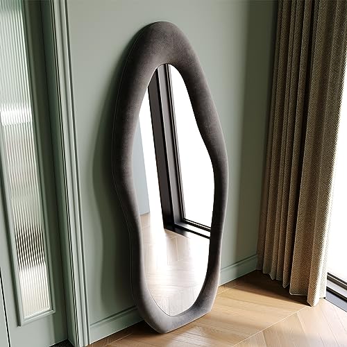 Honyee Full Length Mirror, 63" x 24" Wall Mirror, Flannel Wrapped Wooden Frame Floor Mirror, Irregular Wavy Mirror Hanging or Leaning Against Wall for Cloakroom/Bedroom/Living Room, Milk Tea