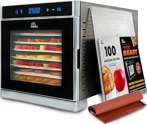 The BEAST by Denali | 8 Layer Stainless Steel Food Dehydrator | 100 Recipes & Full Instructions | Jerky, Fruit Leather, Veggies | Silver, LED Touch, Timer & Low-Noise Fan | Denali is a USA Company