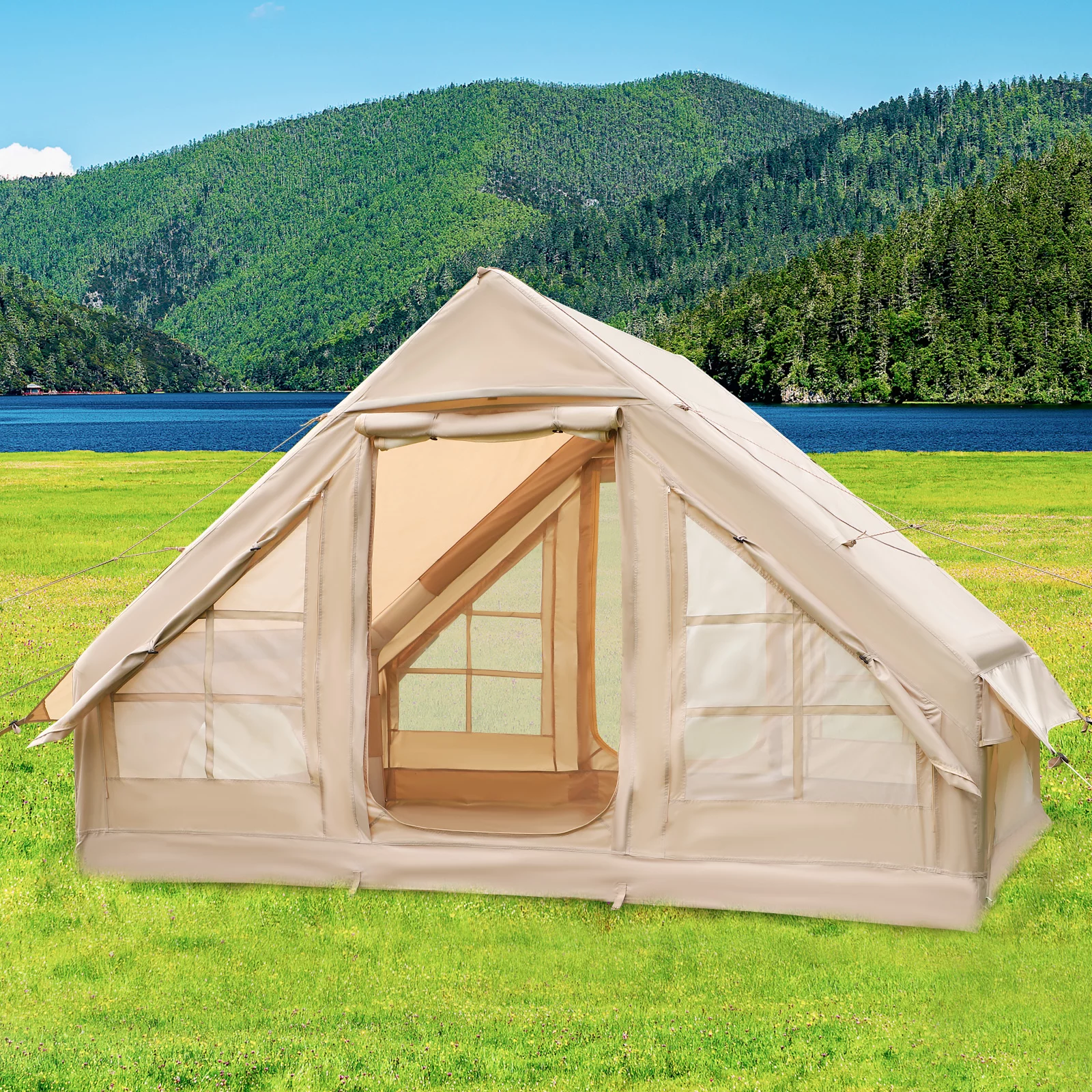 ONLYCTR Inflatable Camping Tent with Pump, Glamping Tents, Easy Setup 4 Season Outdoor Blow Up Tent, Luxury Cabin Tent with Mesh Windows & Doors