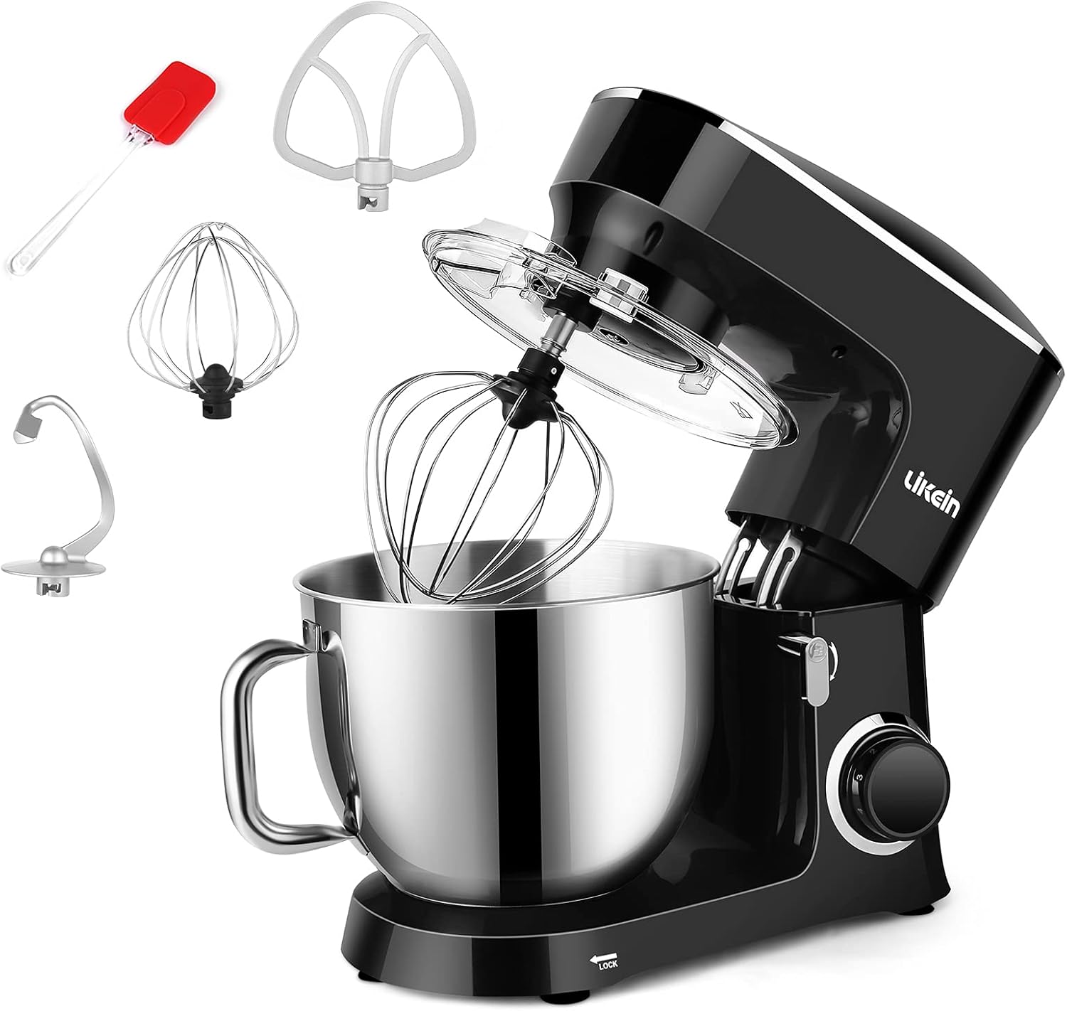 Likein Stand Mixer，7.4QT 660W Cake Mixer, Electric Stand Mixer with Dough Hook, Mixing Beater ,Whisk, Splash Guard(Black)
