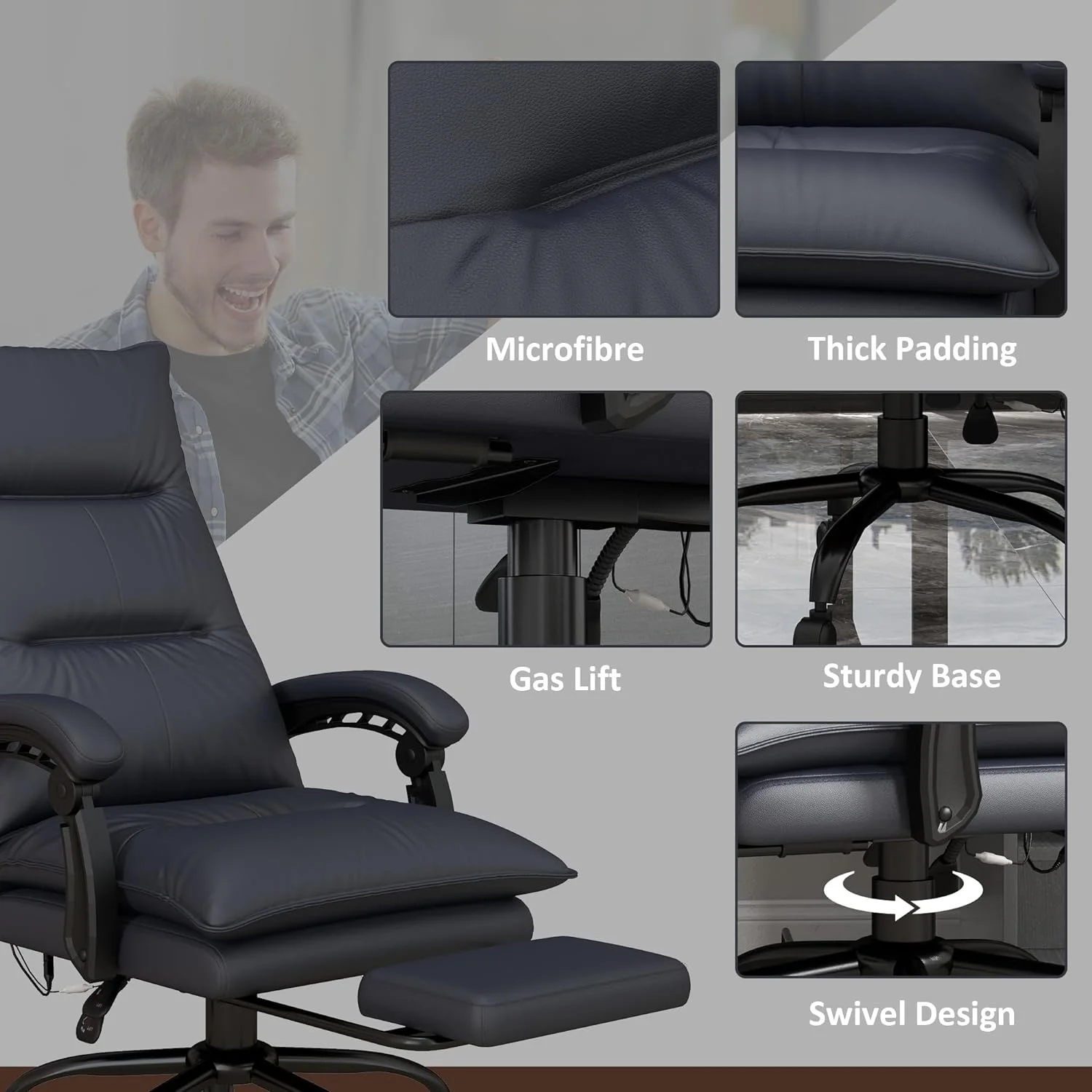 Massage Office Chair With 6 Vibration Points, Executive Computer Desk Chair, Heated Reclining Chair With Footrest, Armrest, Double Padding - Charcoal Gray