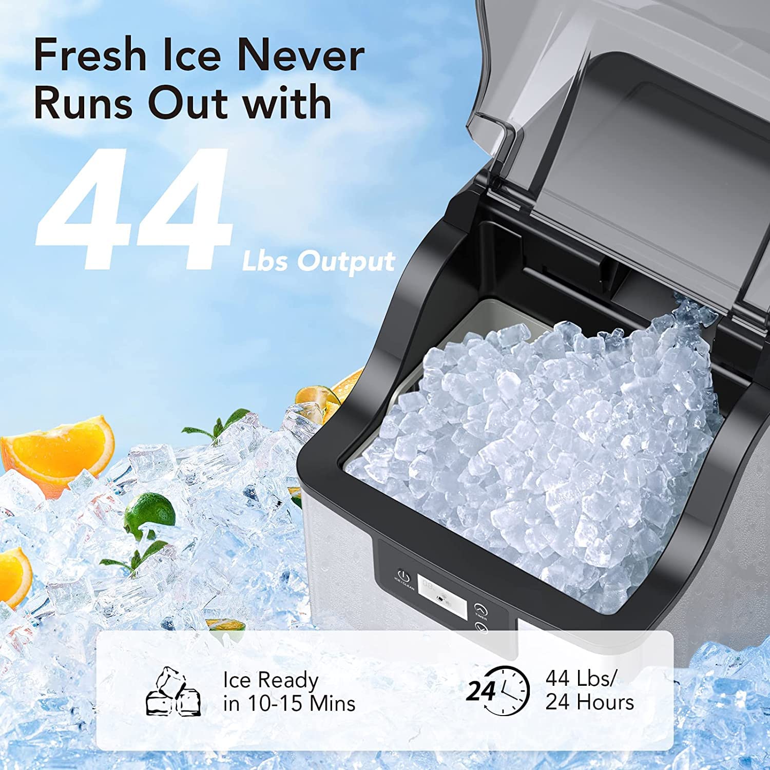 Nugget Ice Machine, Ice Maker Countertop, Max 44 lb/Day 3Qt Water Reservoir, Self Cleaning & Auto Water Refill, Portable Ice Maker Machine with Ice Scoop and Ice Basket for Party, RV, Home Kitchen