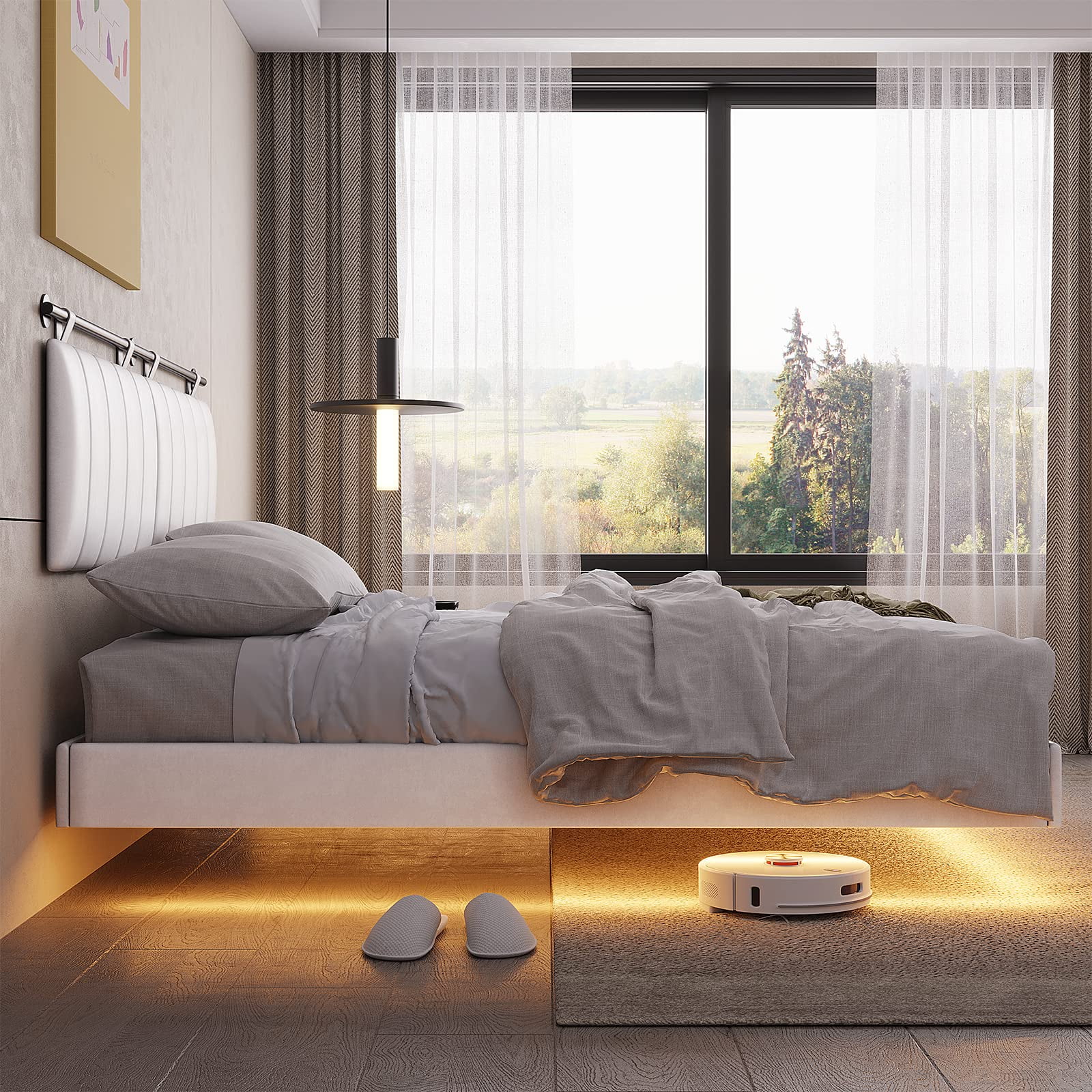 Afuhokles LED Floating Queen Bed Frame with Wall Mounted Headboard and Led Lights, Platform Bed Frame with Upholstered Headboard, Faux Leather Fabric, No Box Spring Needed, White