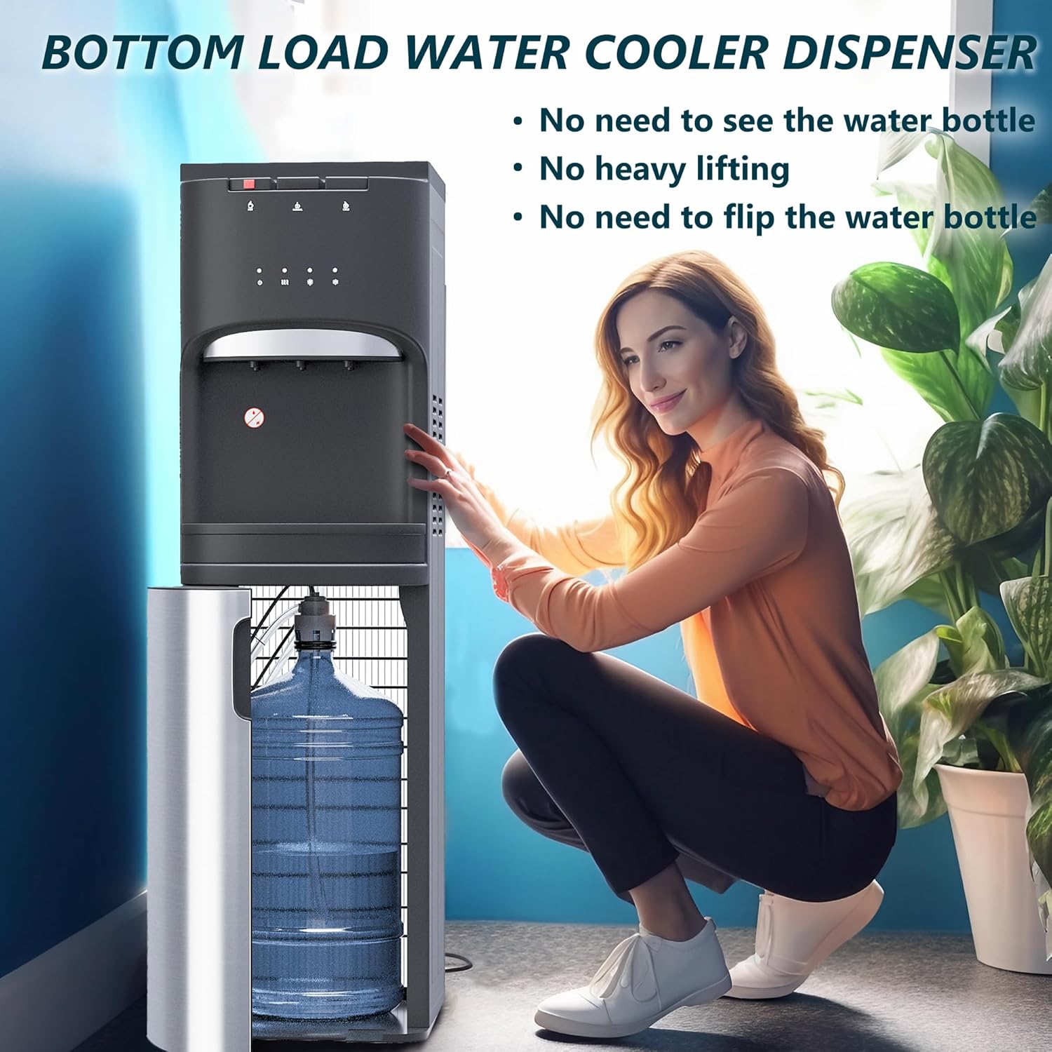 Self-Cleaning Bottom Loading Water Dispenser, 3 Temperature Settings Water Dispenser, 3 or 5 Gallon Bottled Water with UV Light, Stainless Steel Water Dispenser for Home, Office, Black