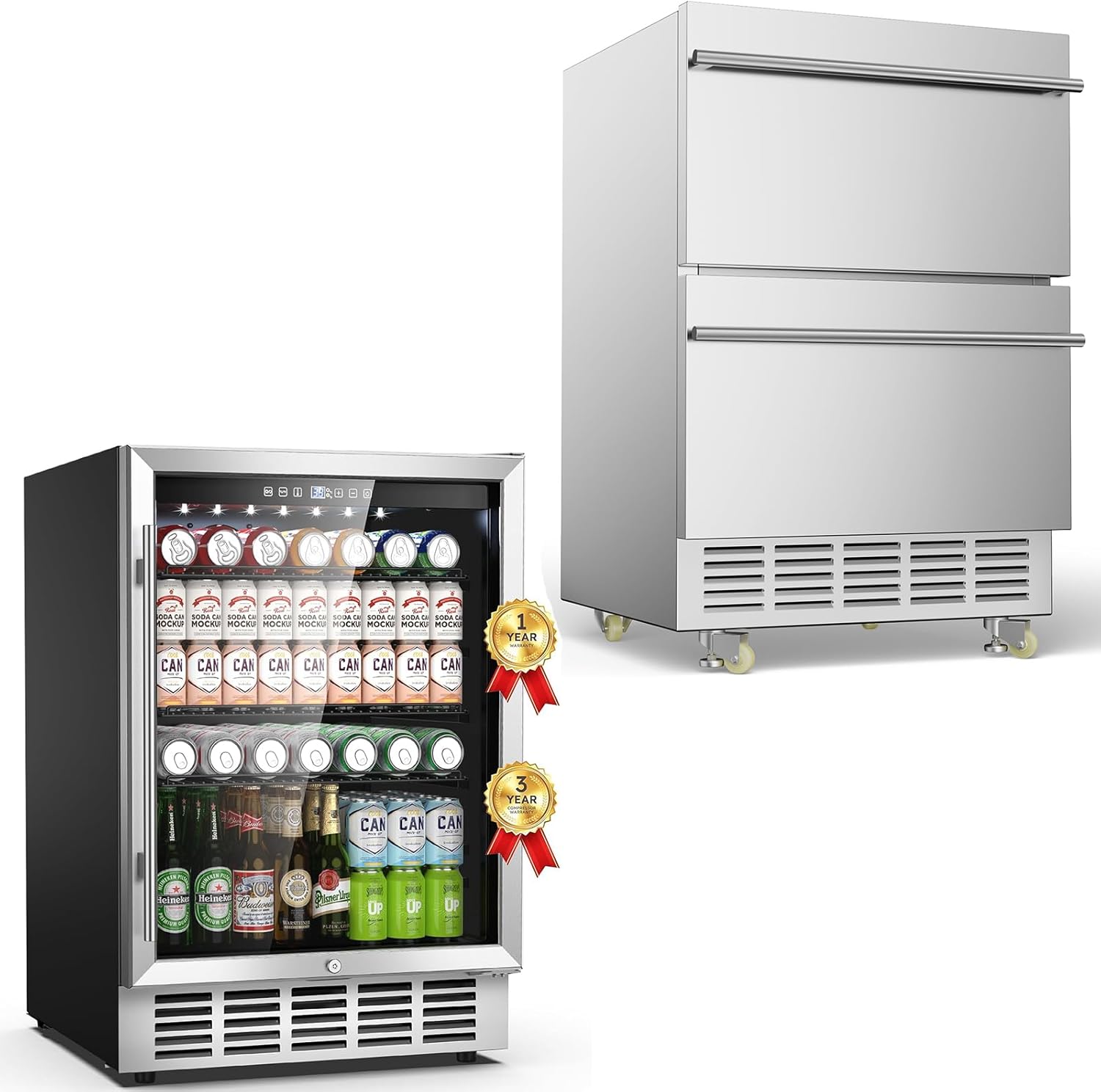 Outdoor Beverage Refrigerator, 24 Inch Under Counter Double Drawer Fridge, Stainless Steel, Freestanding/Built-In Installation Outdoor Beverage Fridge for Patio, Outdoor Beverage Cooler with Wheels