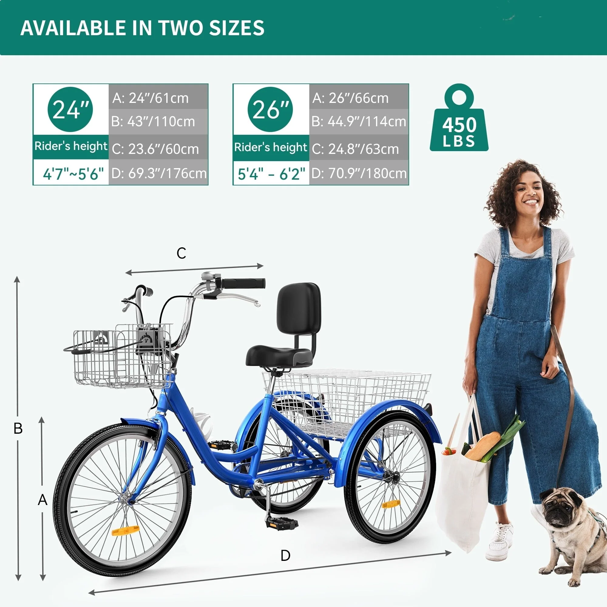 26 Adult Tricycle 3 Wheel Bikes 1 Speed Trike Bike 24 - Blue