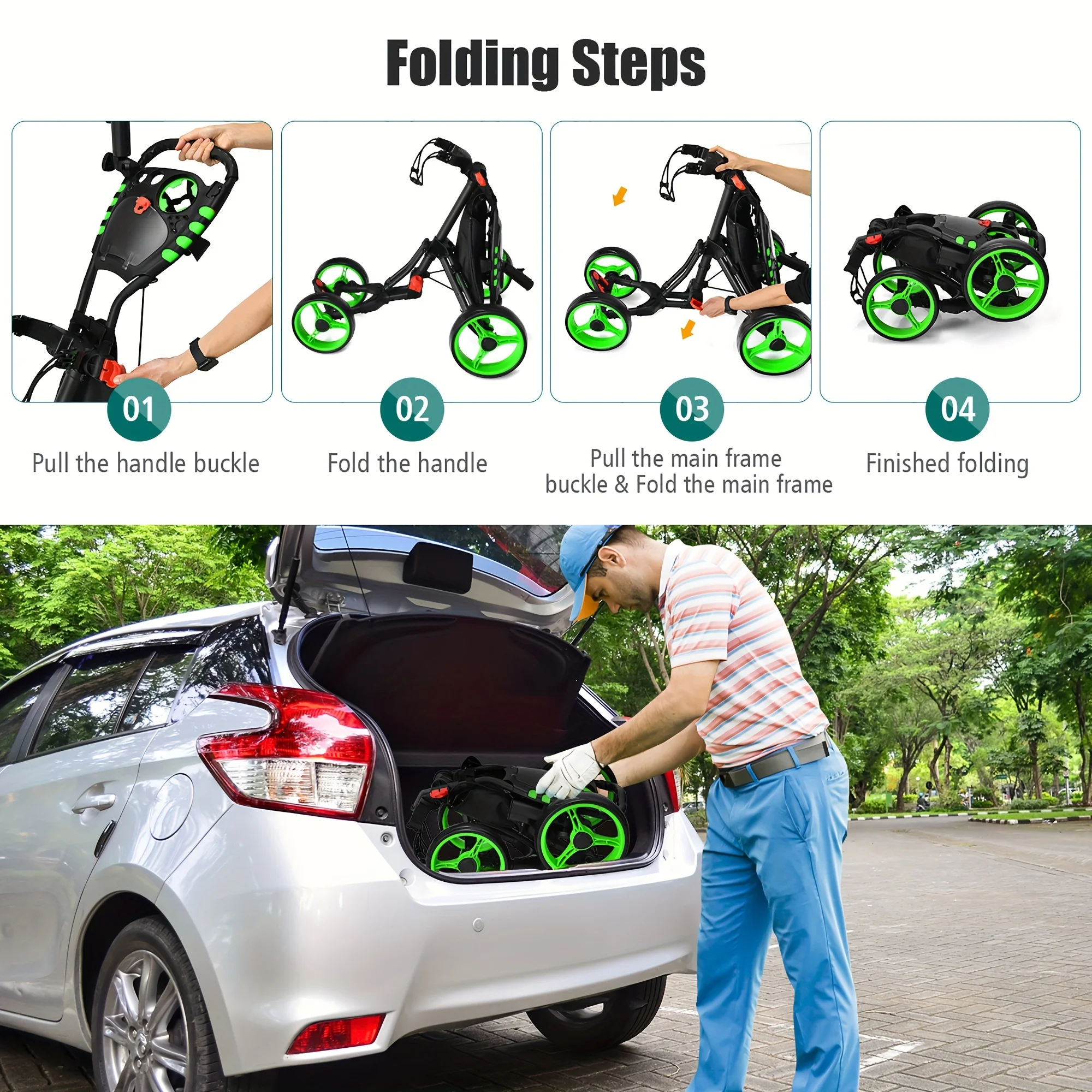 PGAST 4-Wheeled Golf Push Cart-Compact Folding Design, Adjustable Handle, Built-in Scoreboard-Accessories Bag Included, Ideal for Golf Enthusiasts - Curated Treasures Market