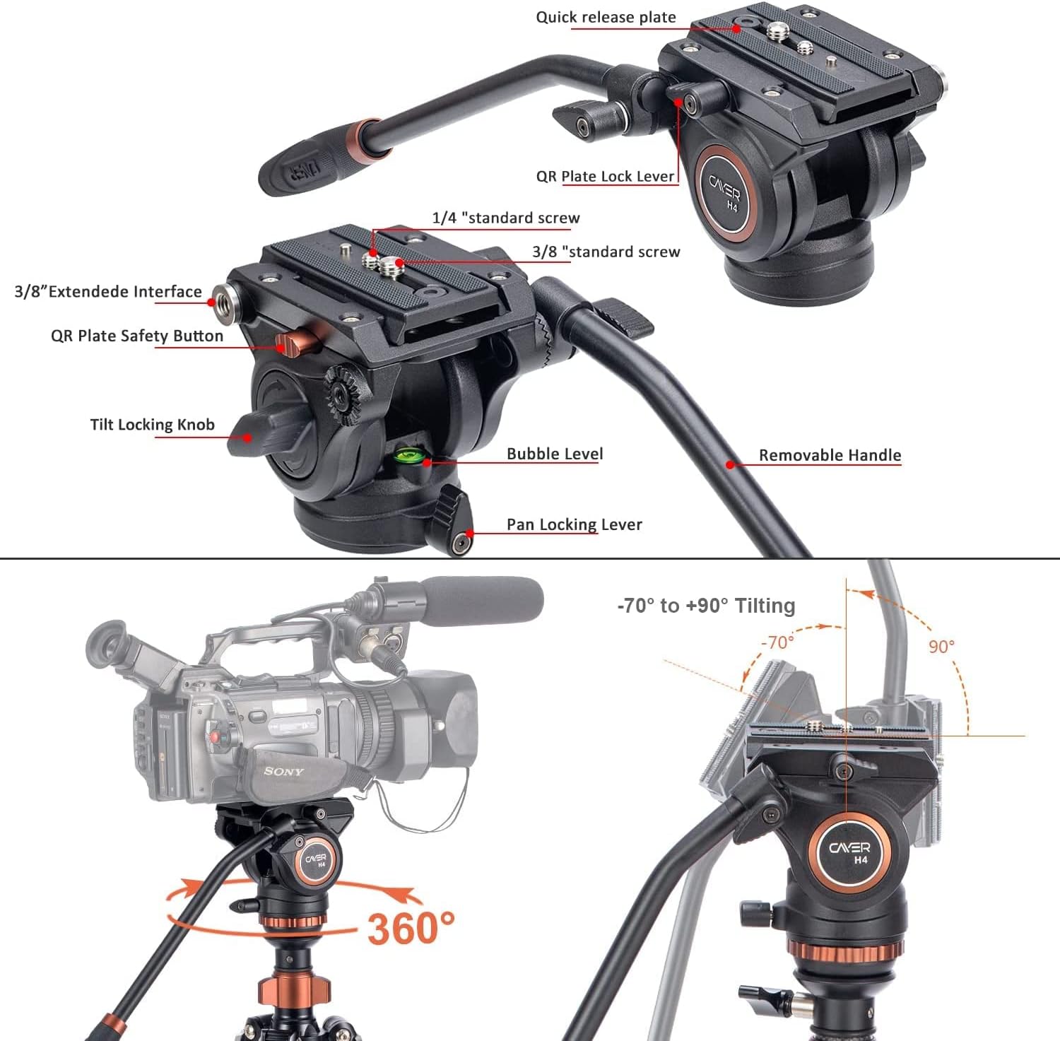 Cayer CF2451 Video Tripod 67 inches Carbon Fiber Tripod Leg with Fluid Drag Head, 4-Section Compact DSLR Tripod Convertible to Monopod for DSLR Camera, Video Camcorder