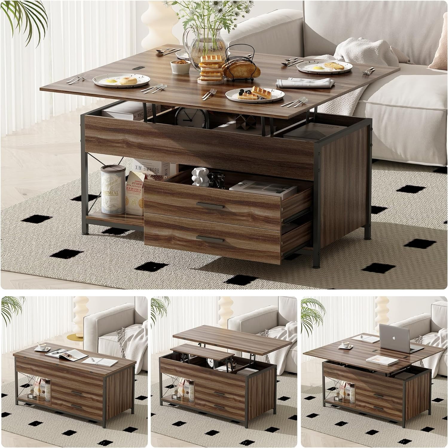 42" Lift Top Coffee Table, 4 in 1 Multi-Function Coffee Tables with Open Shelf and 2 Drawers (Espresso) - Curated Treasures Market