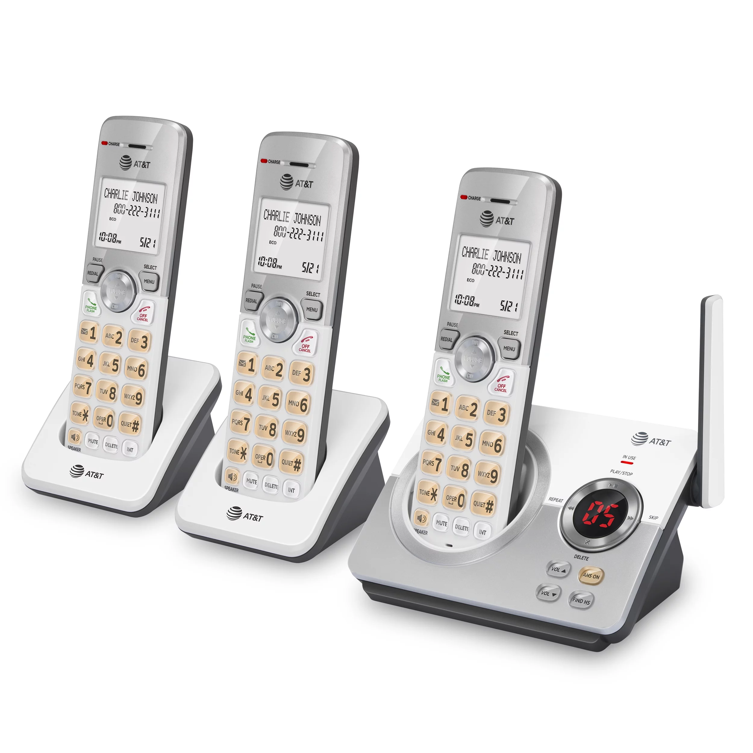 AT&T EL52319 Expandable Cordless Phone with Unsurpassed Range, Answering System and Caller ID, 3 Handsets, White/Silver