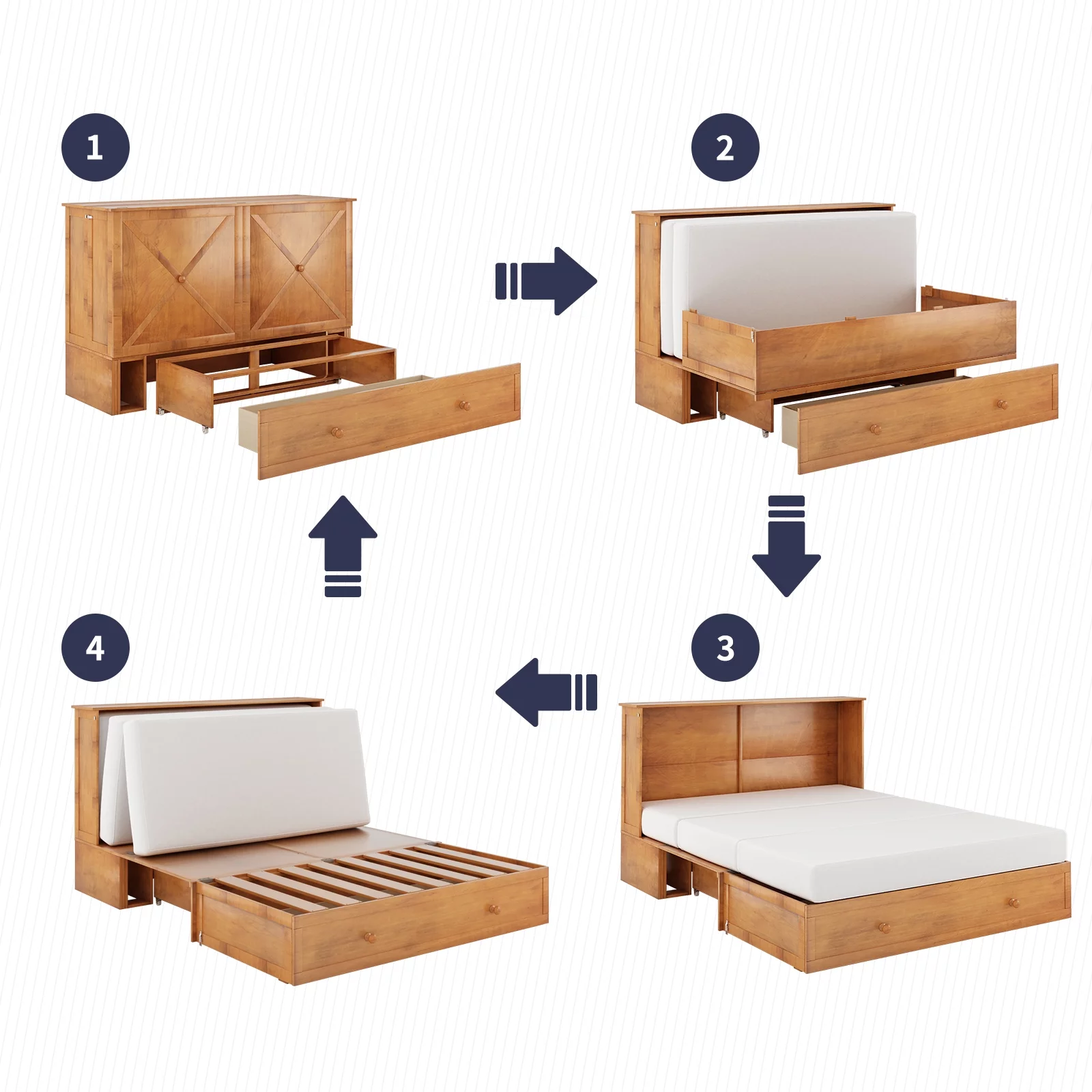 ZAFLY Murphy Bed Cabinet with USB Charging Station, Murphy Cube Cabinet Chest Bed with Drawer &Folding Mattress, Queen Size Bed for Living Room/Bedroom/Studio - Cherry