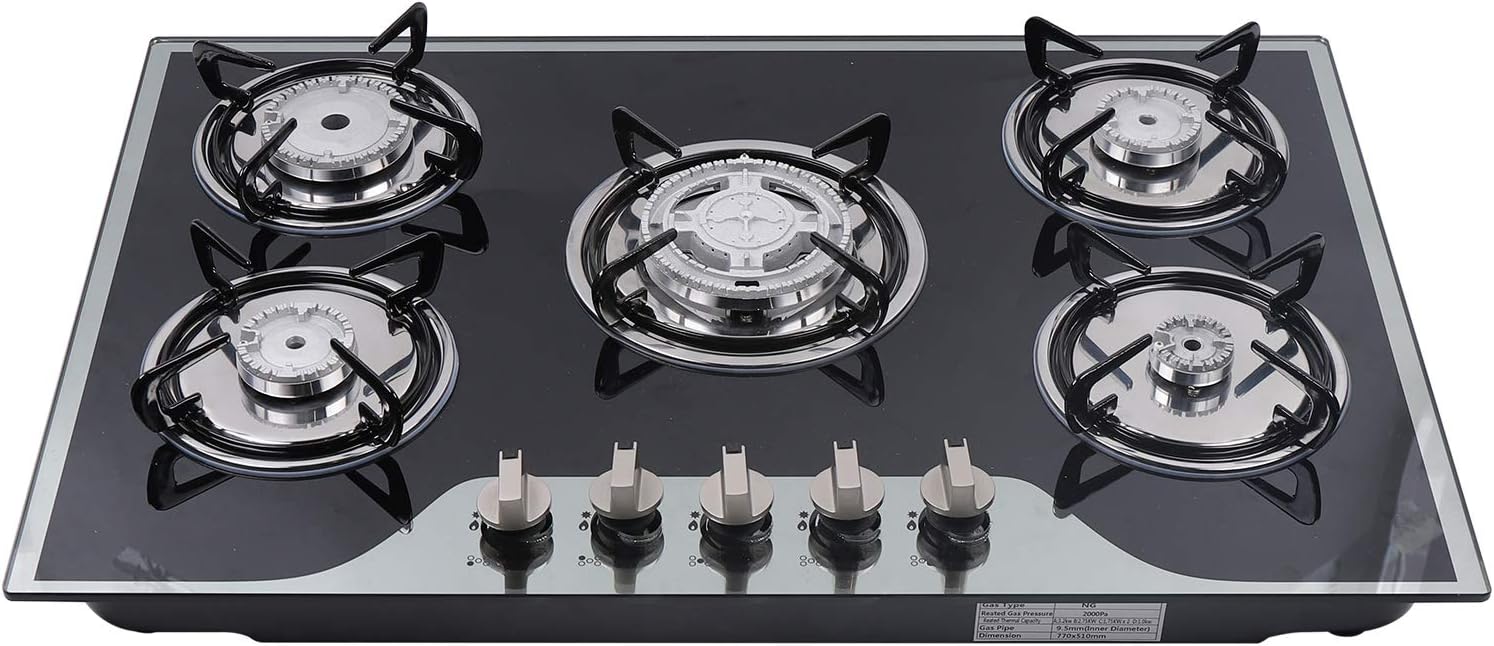 30in Stainless Steel Cook Top Built-in Kitchen Cooker 5 Burners Stove LPG/NG Gas Cooker Hob,for kitchen apartments, indoor use