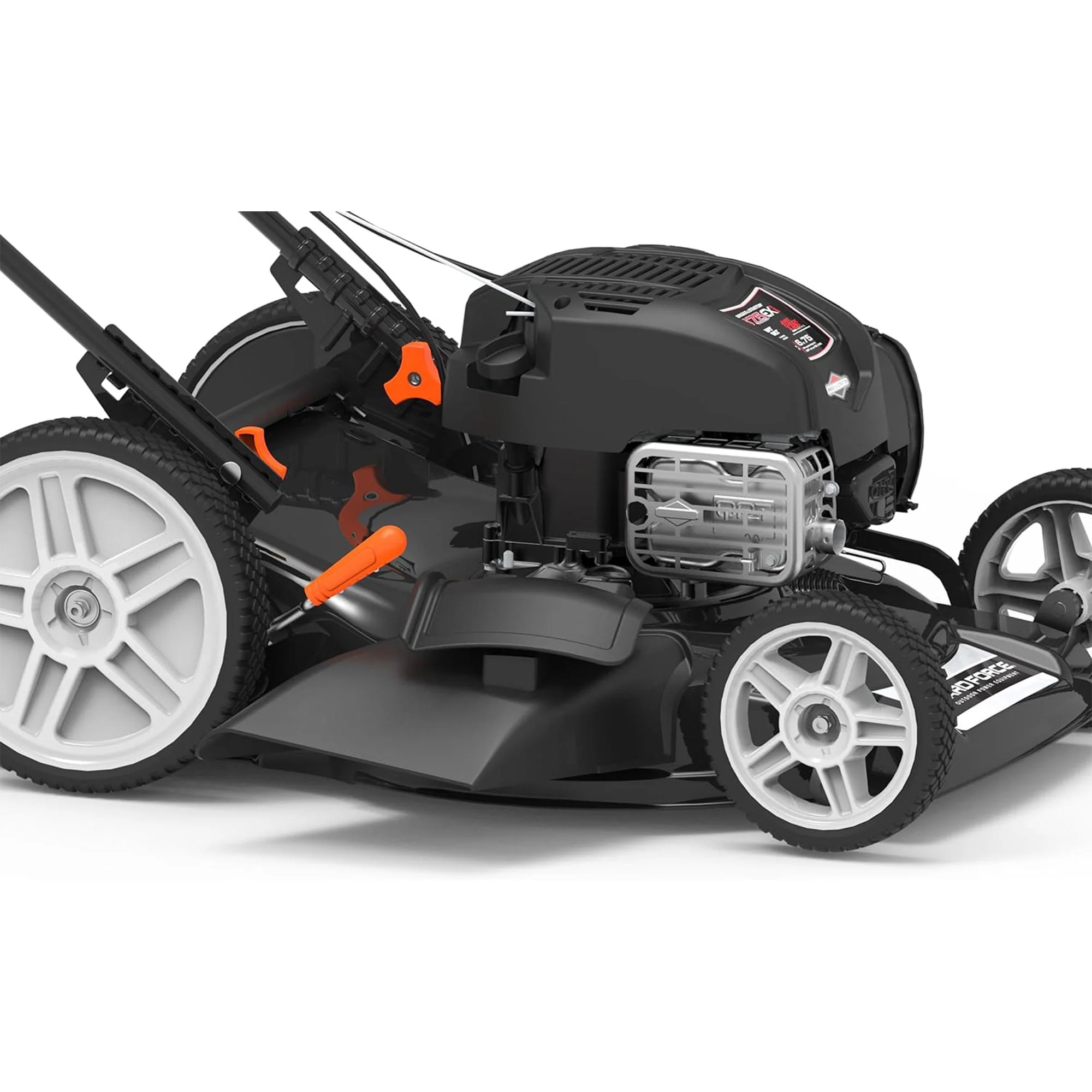 Yard Force Self Propelled Lawn Mower Briggs & Stratton 150cc Gas Engine 22-inch Steel Deck 3-in-1 mulch, bag, side discharge, 12-inch High Rear Wheels
