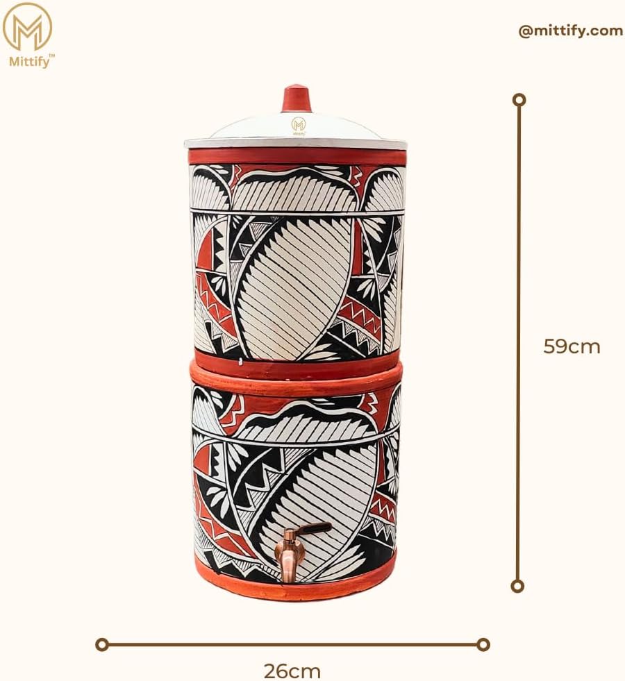 Earthen Clay Water Filter Dispenser with Metal Tap (Capacity - 20L), Natural Filtration, Handmade and Eco-Friendly, Say Goodbye to Plastic Bottles with Sustainable, Indian Harp Design FIlter