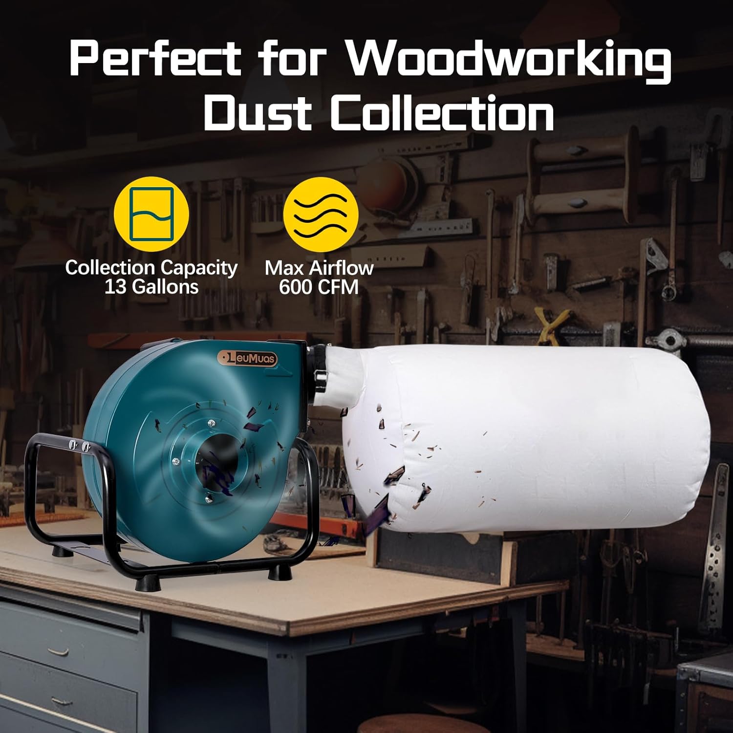 Dust Collector 1HP 600CFM Induction Motor Wall Mount Dust Collectors for Woodworking 13 Gallon Bag 30 Micron Dust Collection