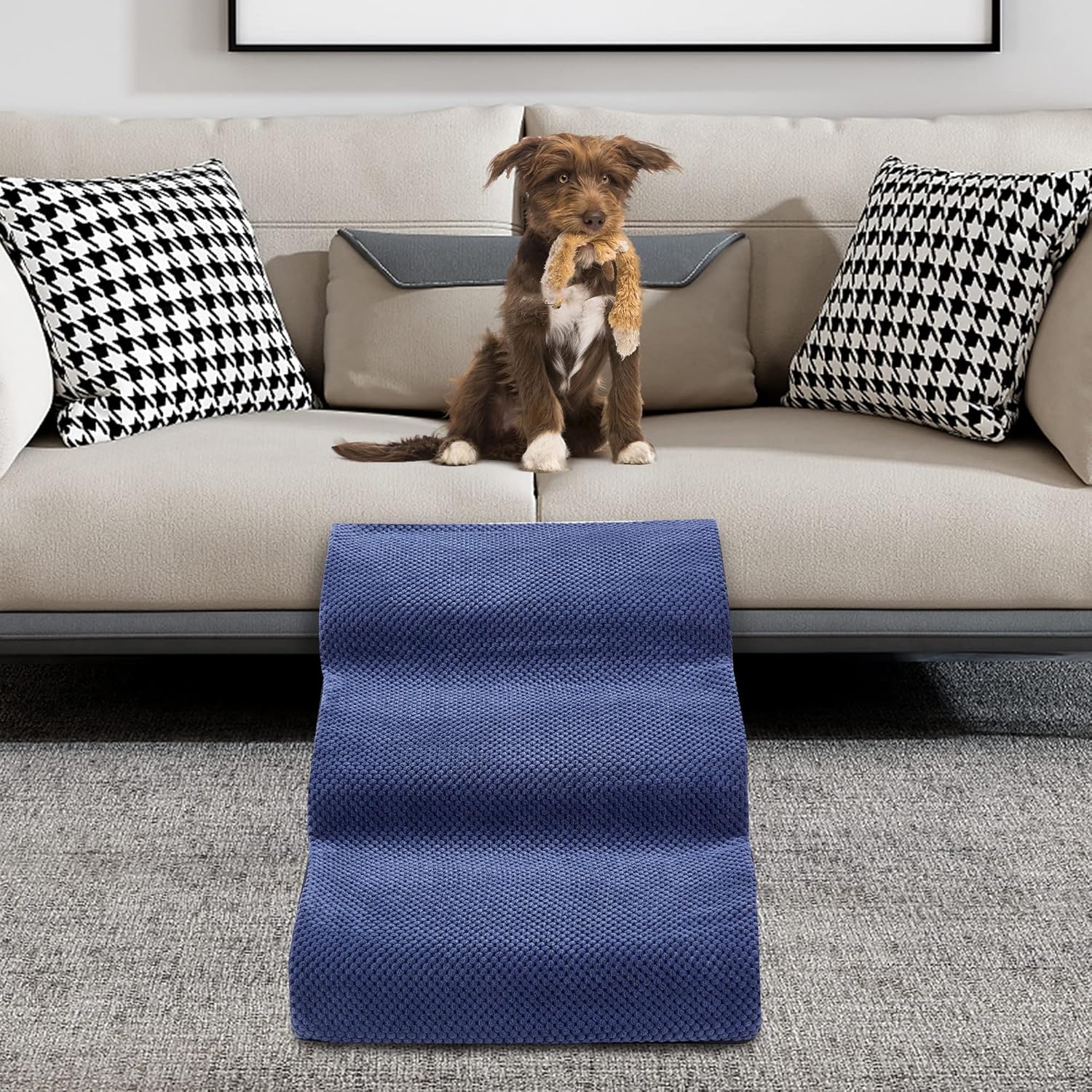 MALOROY 2 Tiers Foam Dog Ramps, Dog Ladder Pet Ramp Stairs Non-Slip Pet Step for Older Dogs and Pets with Joint Pain, Sofa Bed Ladder for Cats（Navy Blue）
