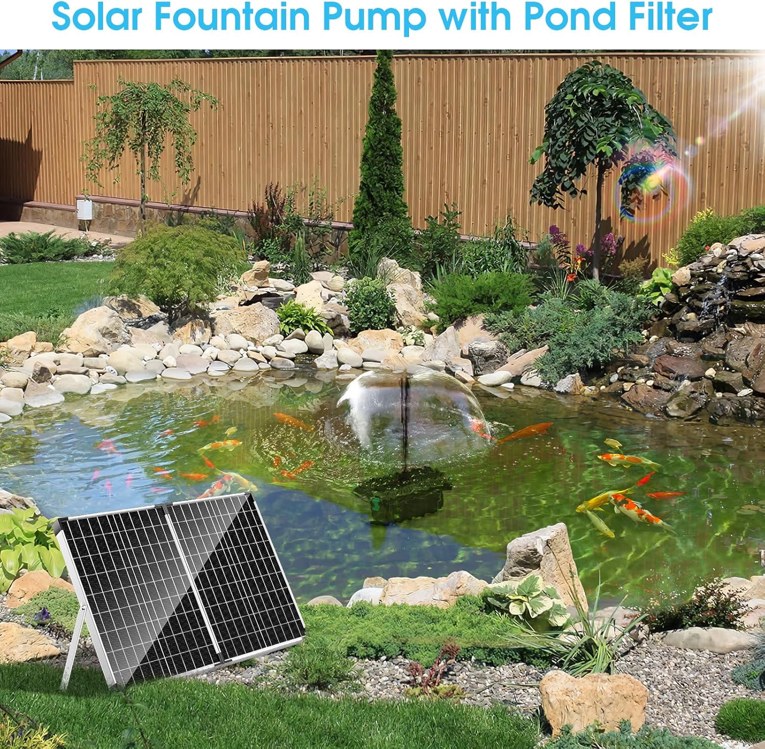 POPOSOAP 40W Solar Fountain Pump with Pond Filter, Solar Pond Pump 320GPH Adjustable Flow, Pond Filters for Outdoor Ponds Pool Waterfall Koi Pond Water Features