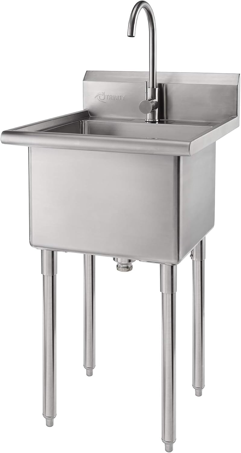 TRINITY EcoStorage Stainless Steel Freestanding Single Bowl Utility Sink for Garage, Laundry Room, and Restaurants, Includes Faucet, NSF Certified, 49.2-Inch by 21.5-Inch by 24-Inch, Chrome