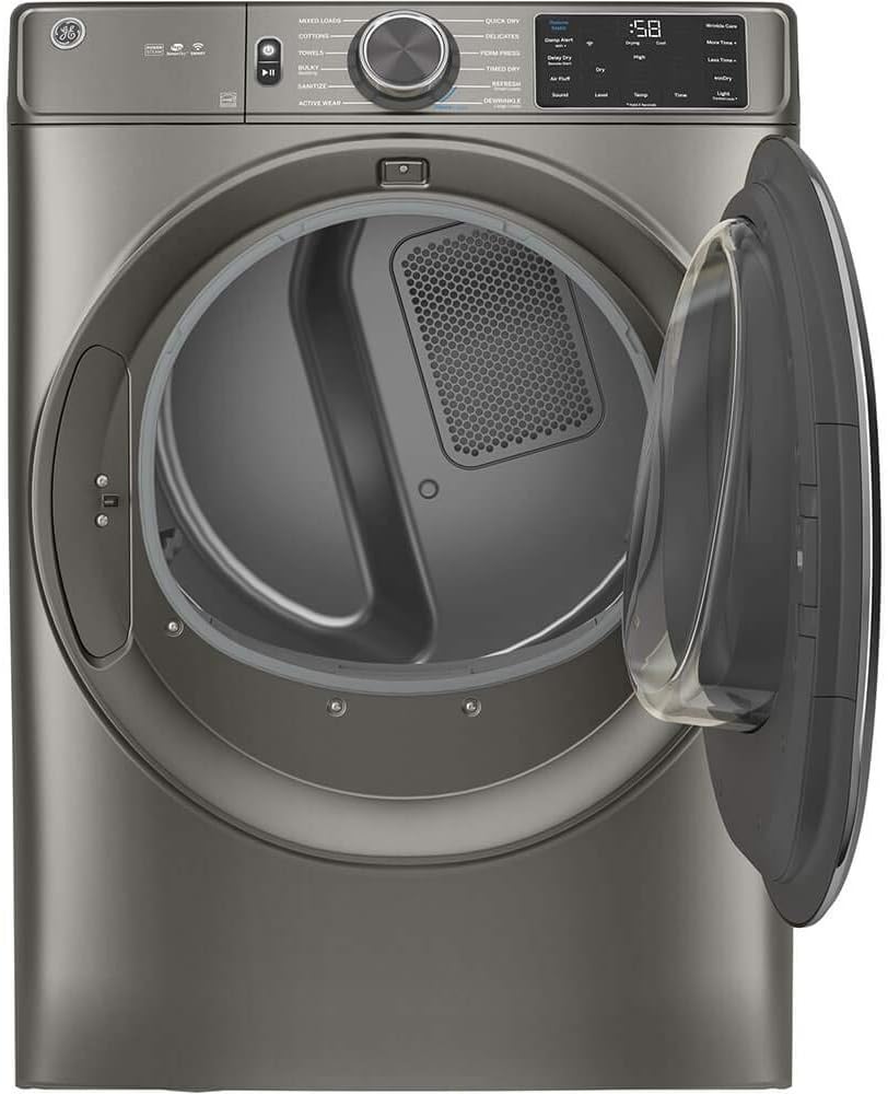 GE GFD65ESPNSN 28" Front Load Electric Dryer with 7.8 cu. ft. Capacity Powersteam Built-in WiFi Sanitize Cycle and Vent Sensor in Satin Nickel