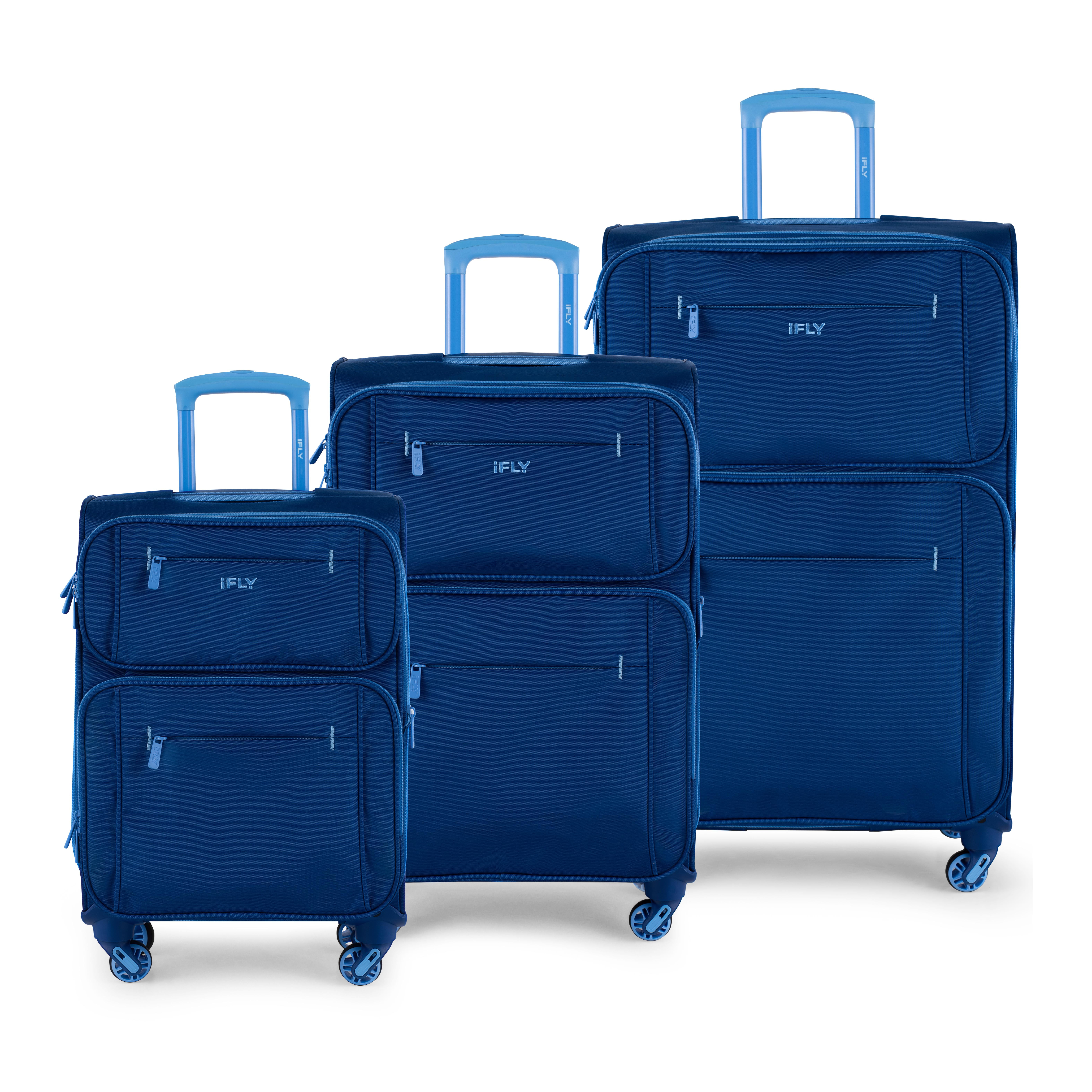 iFLY Softside Accent 3 Piece Set 4-Wheel Spinner, 20" Carry-on, 24" Checked Luggage and 28" Checked Luggage, Navy/Light Blue