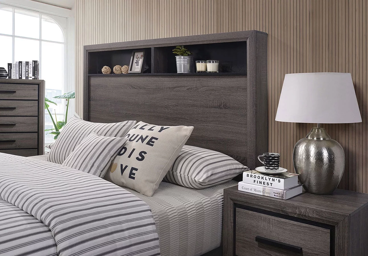 Contemporary 4-pc Queen Size Bed Dresser Mirror Nightstand Bedroom Furniture Grey Paper Veneer