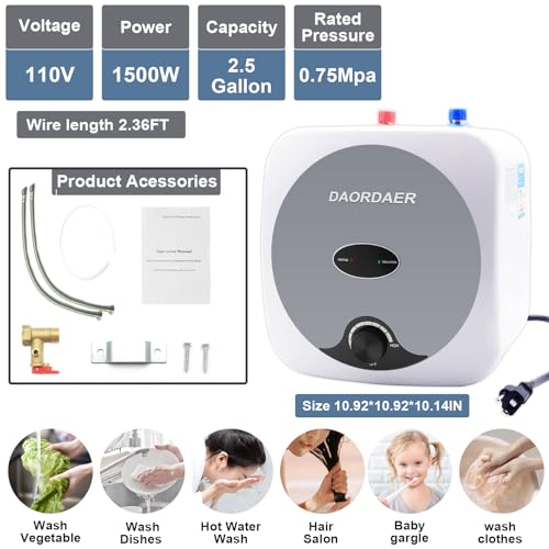 DAORDAER 110/120v 1.5kw Mini Tank Electric Water Heater 2.5 Gallon Compact Under Sink Water Heater Knob Temperature Adjustment Instant Hot Water Heater For Home Kitchen